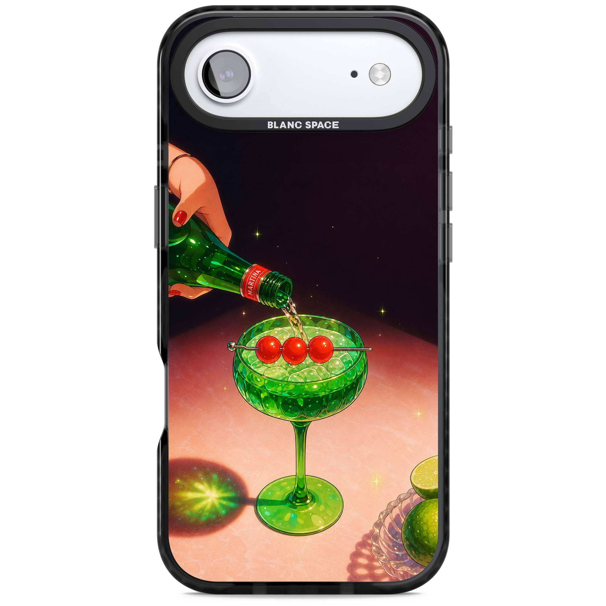 Absinthe Hour cocktail iPhone case featuring a green coupe glass, cherry garnish and vintage bottle pour illustration | Black Impact Magsafe case for iPhone Air