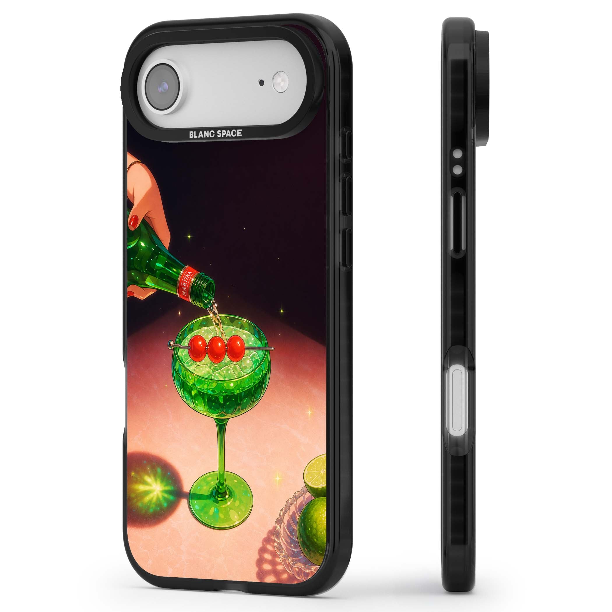 Absinthe Hour cocktail iPhone case featuring a green coupe glass, cherry garnish and vintage bottle pour illustration | Black Impact Magsafe case for iPhone Air