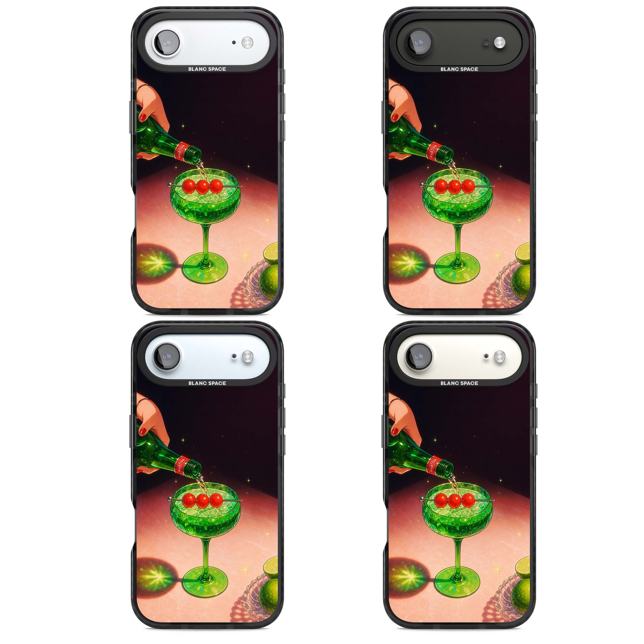 Absinthe Hour cocktail iPhone case featuring a green coupe glass, cherry garnish and vintage bottle pour illustration | Black Impact Magsafe case for iPhone Air