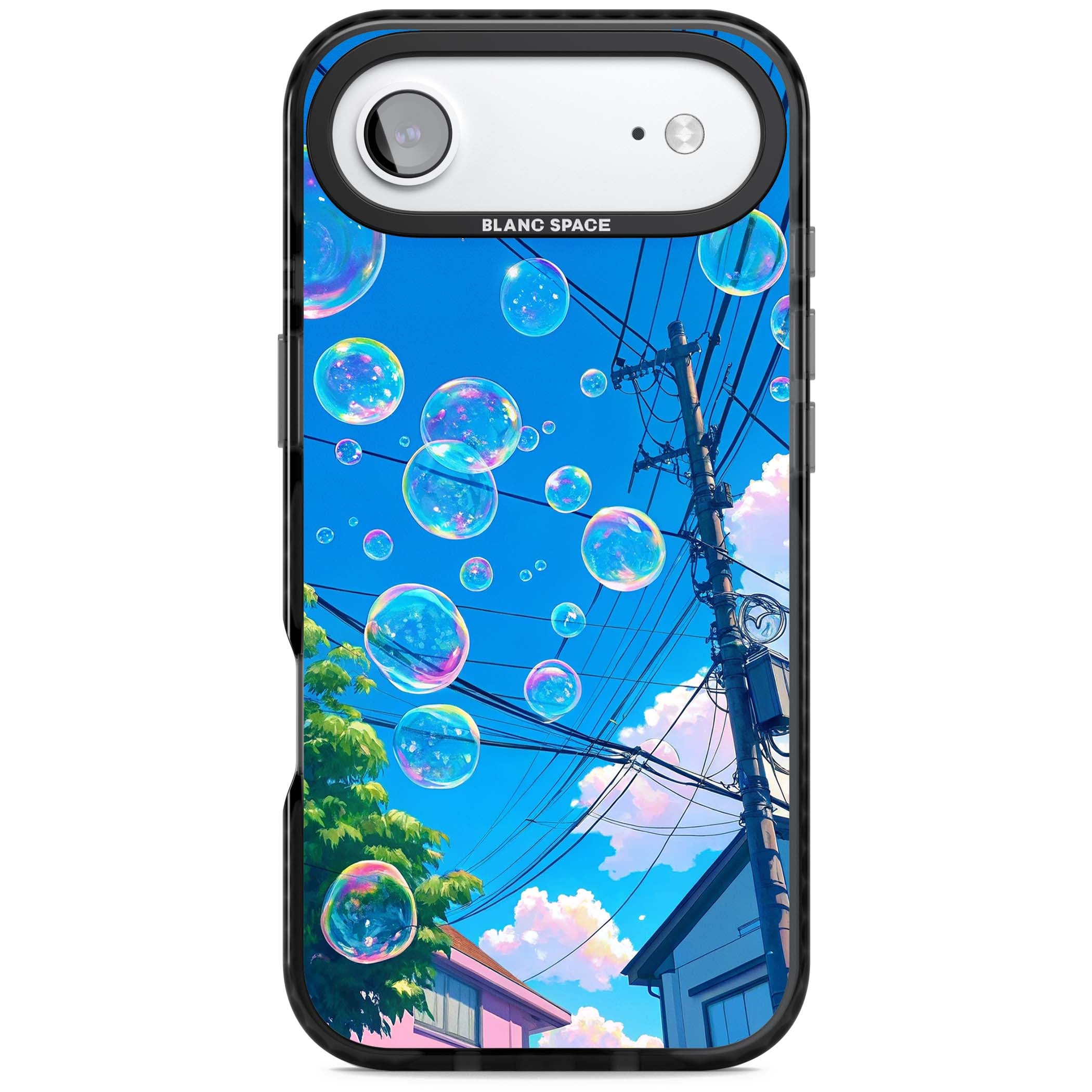 Suburban Bubbles anime iPhone case featuring iridescent soap bubbles, blue sky and Japanese telephone wires | Black Impact Magsafe case for iPhone Air