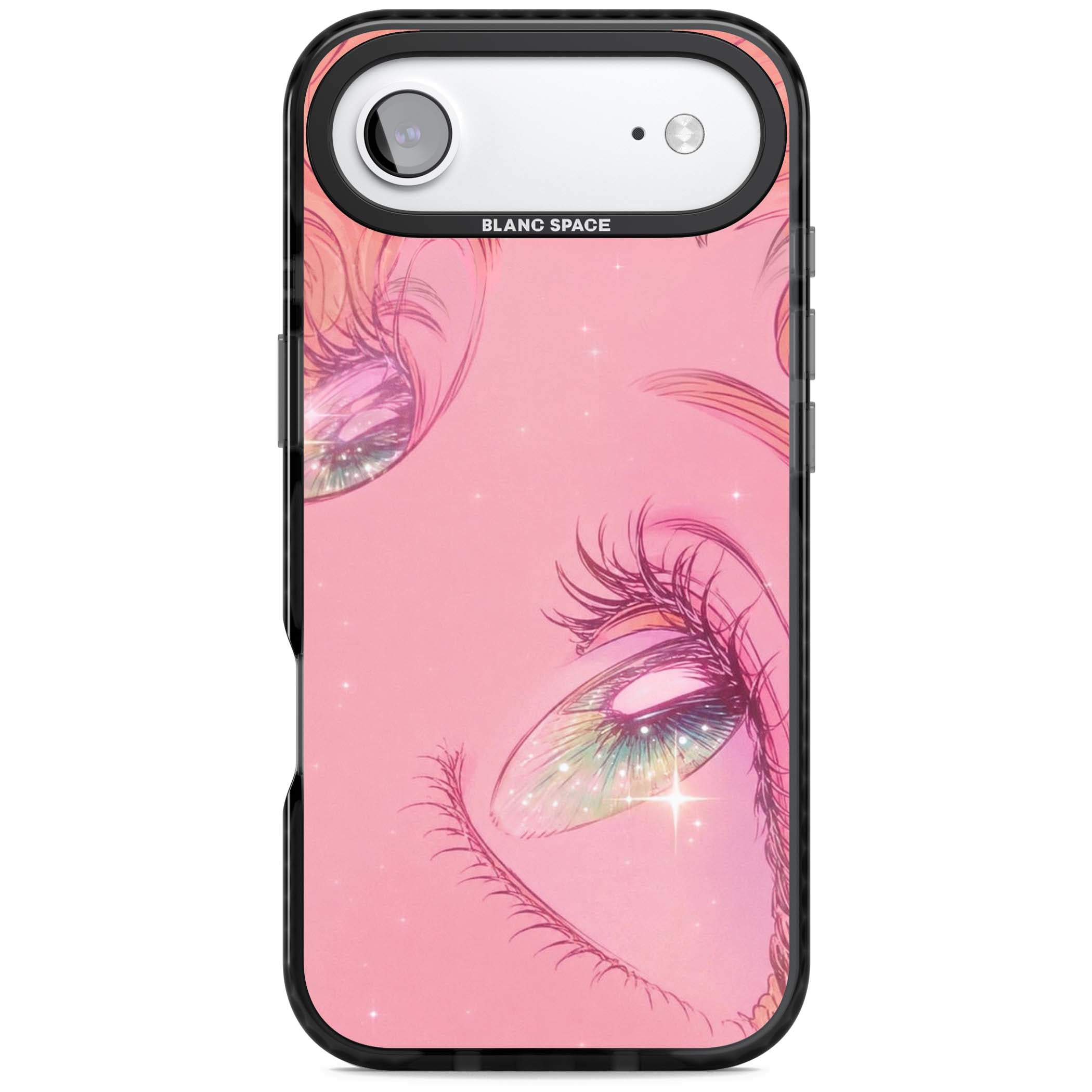 Pink Ethereal Gaze anime iPhone case featuring sparkling manga eyes, coral lashes and dreamy peach sky | Black Impact Magsafe case for iPhone Air