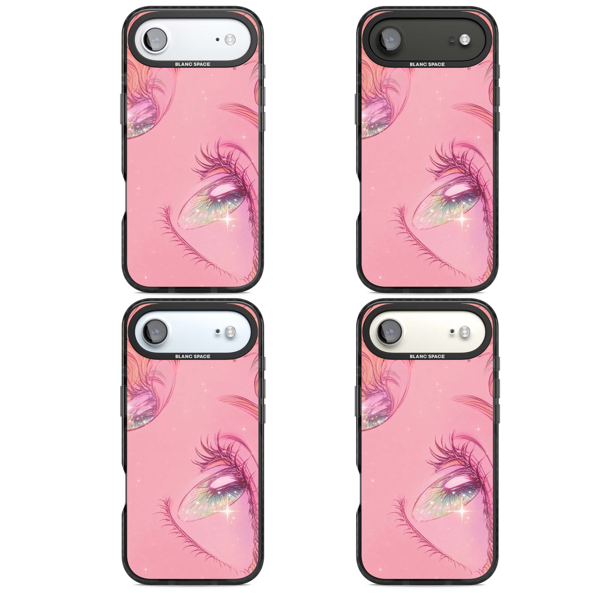Pink Ethereal Gaze anime iPhone case featuring sparkling manga eyes, coral lashes and dreamy peach sky | Black Impact Magsafe case for iPhone Air
