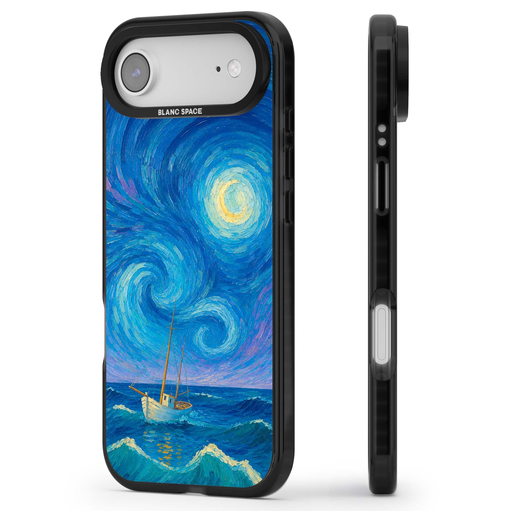 Moonlit Tide Van Gogh art iPhone case featuring swirling starry night sky, glowing moon and lone sailing boat at sea | Black Impact Magsafe case for iPhone Air