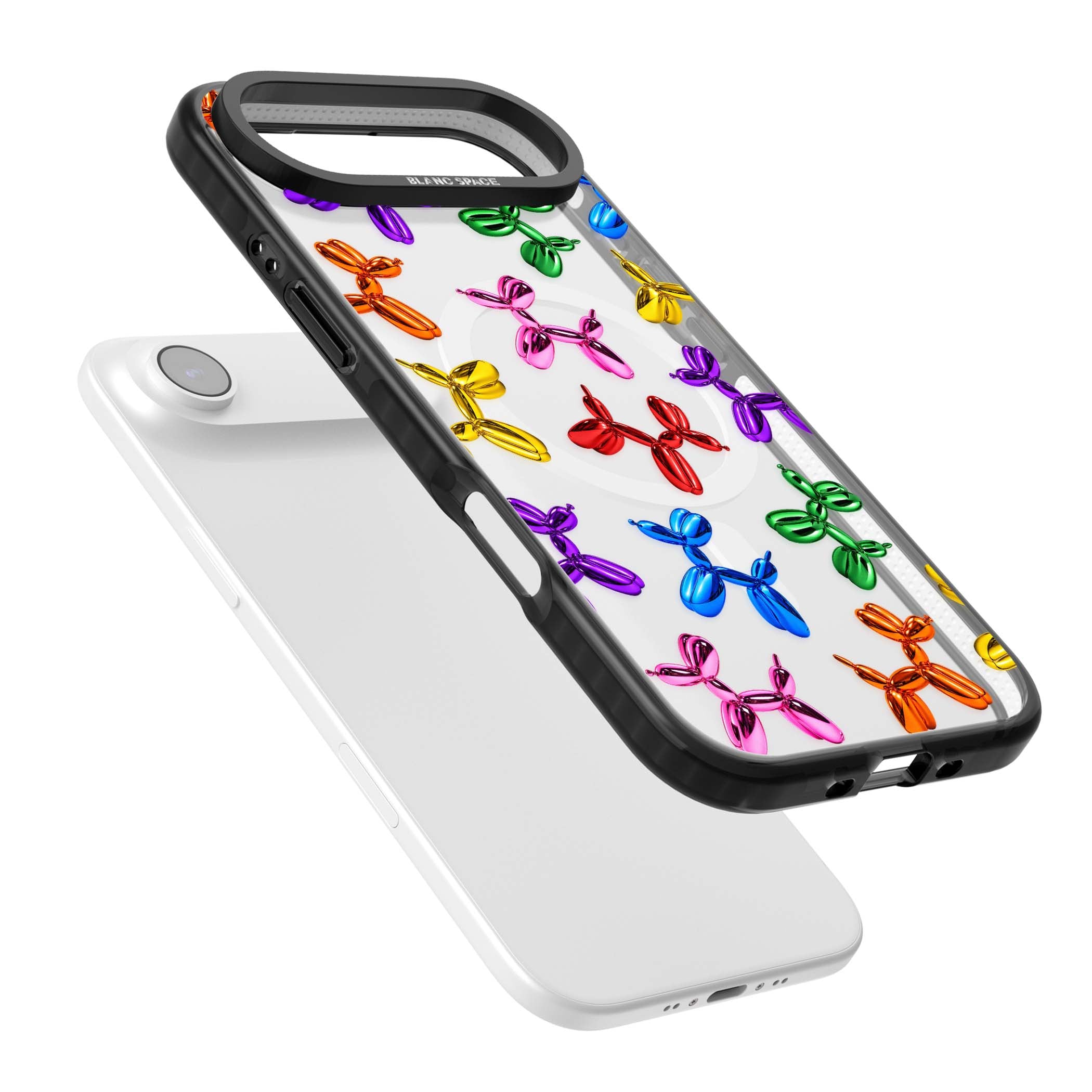 Balloon Dogs pop art iPhone case featuring rainbow chrome balloon dogs in Jeff Koons style | Black Impact Magsafe case for iPhone Air