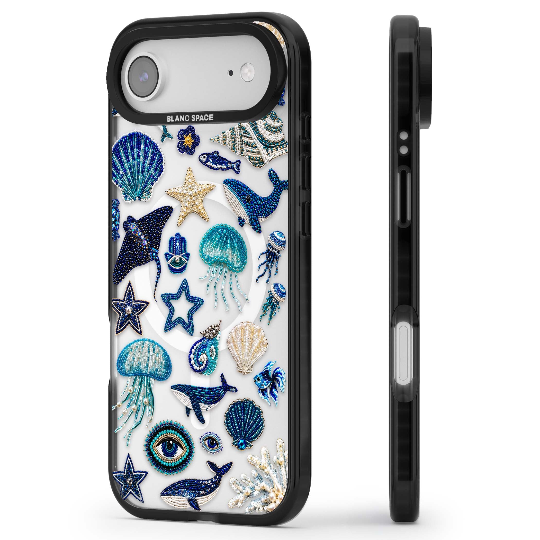 Beaded Coastal coastal iPhone case featuring embroidered seashells, jellyfish and a blue whale on clear | Black Impact Magsafe case for iPhone Air