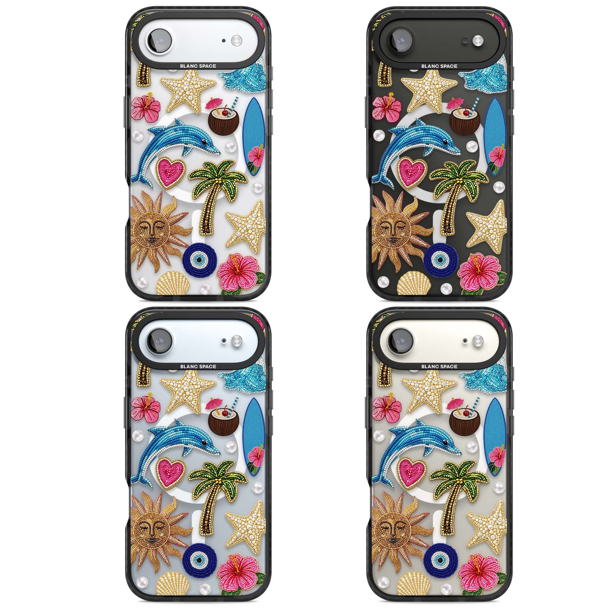 Beaded Beach coastal summer iPhone case featuring embroidered evil eye, hibiscus flowers, dolphin and palm tree patches | Black Impact Magsafe case for iPhone Air