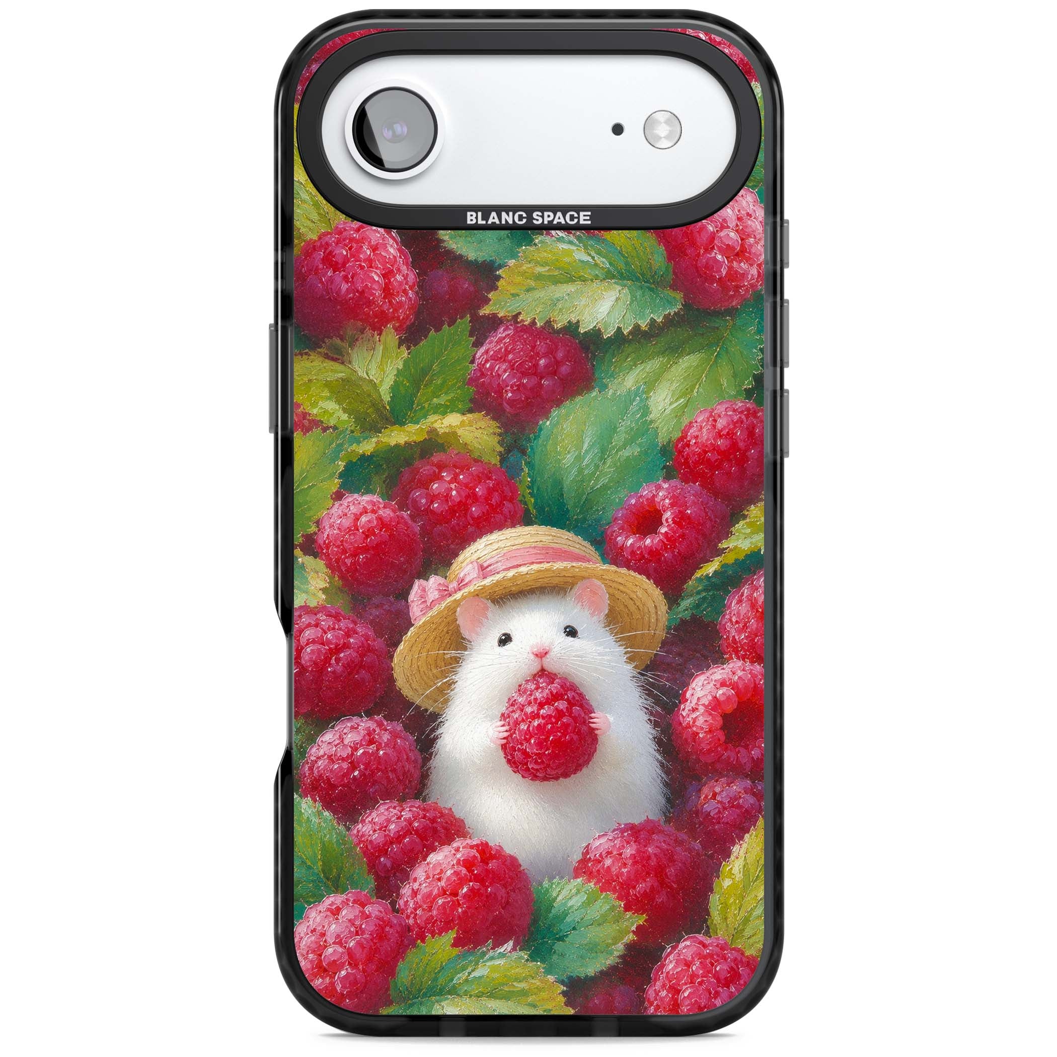 Berry Forager cottagecore iPhone case featuring a white hamster in a straw hat holding a raspberry surrounded by ripe ber | Black Impact Magsafe case for iPhone Air