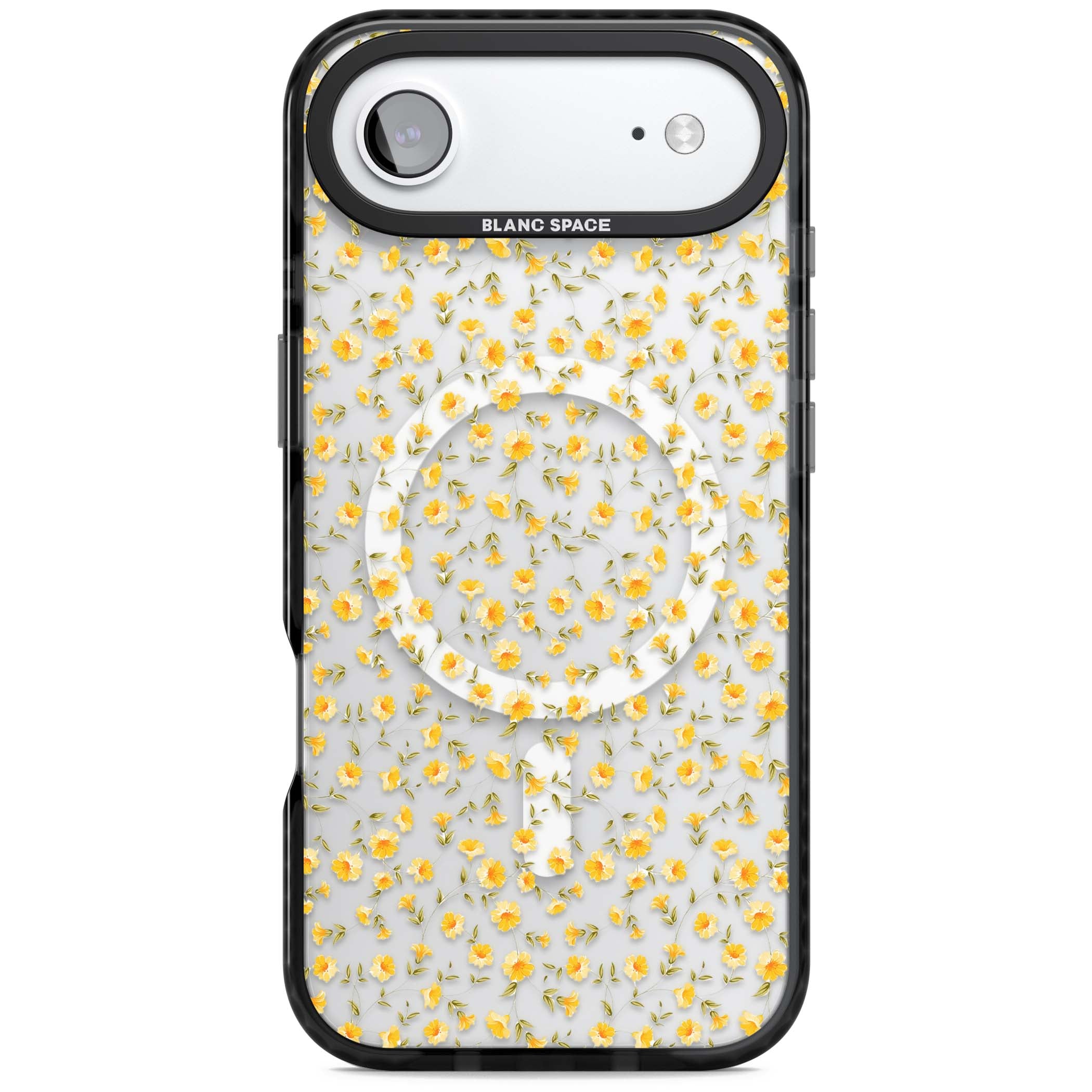 Buttercup wildflower iPhone case featuring tiny yellow flowers and trailing green vines on clear | Black Impact Magsafe case for iPhone Air