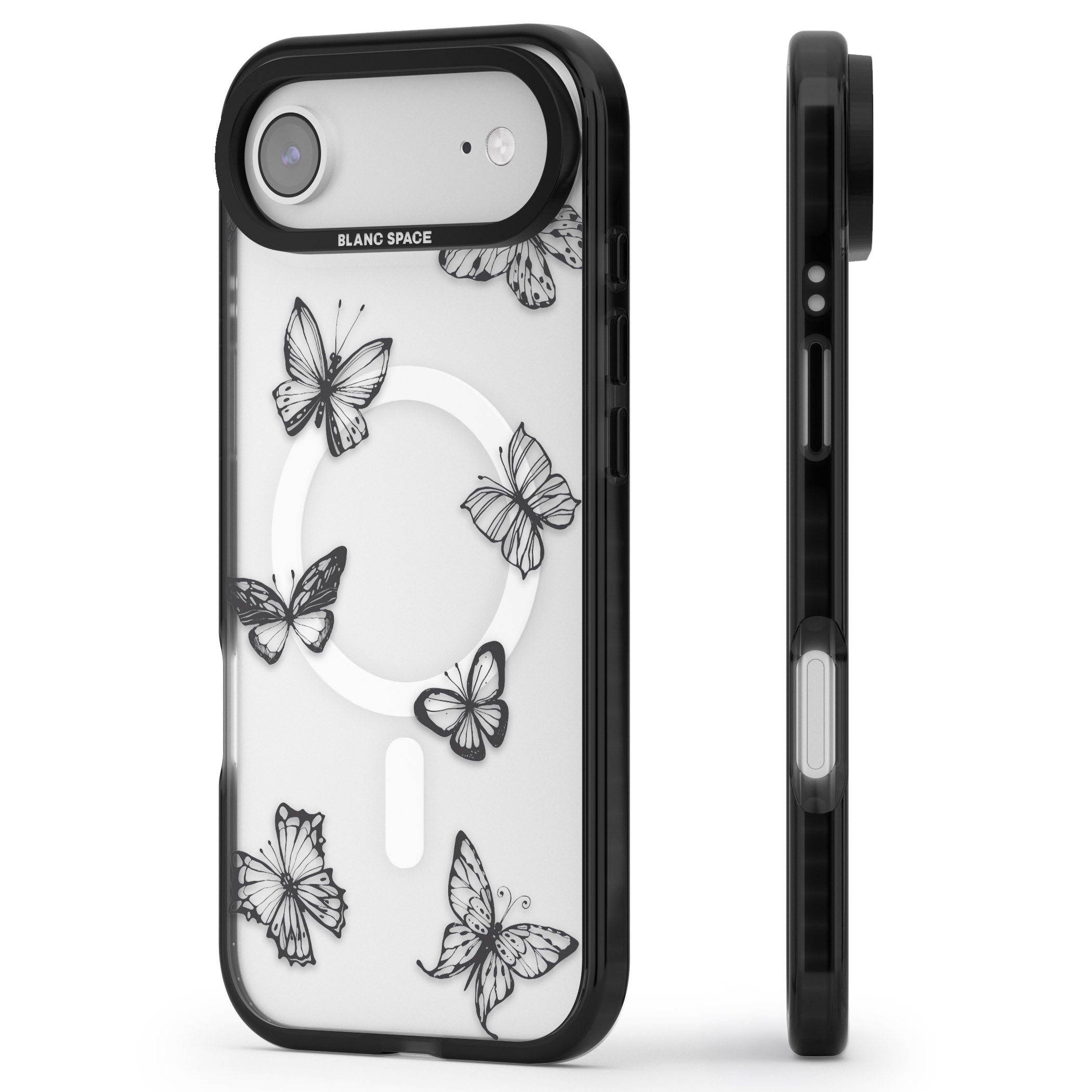 Grey Butterfly Line Pattern iPhone 17 Air Impact Pro Black Phone Case Side Profile
