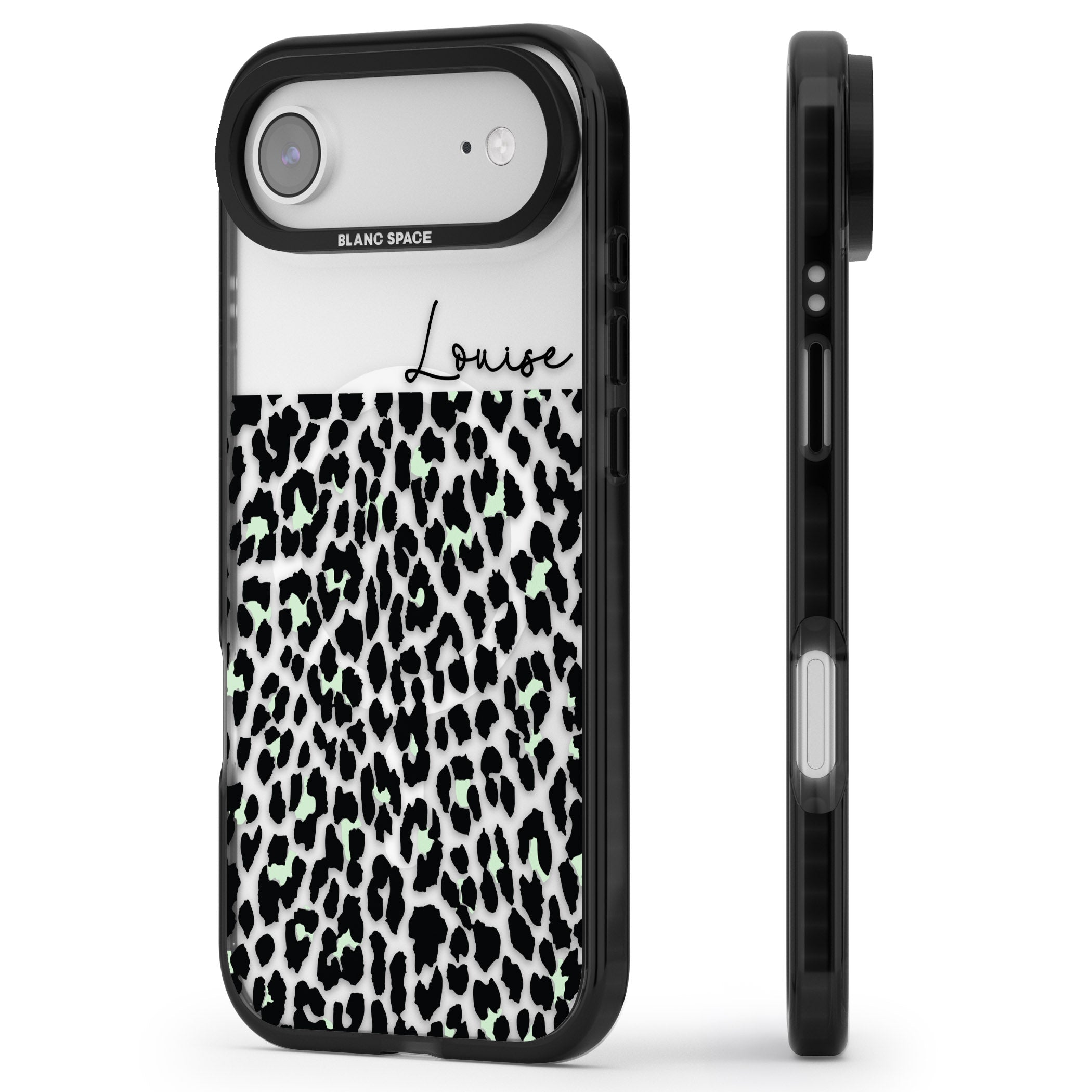 Personalised Seafoam Leopard iPhone 17 Air Impact Pro Black Phone Case Side Profile