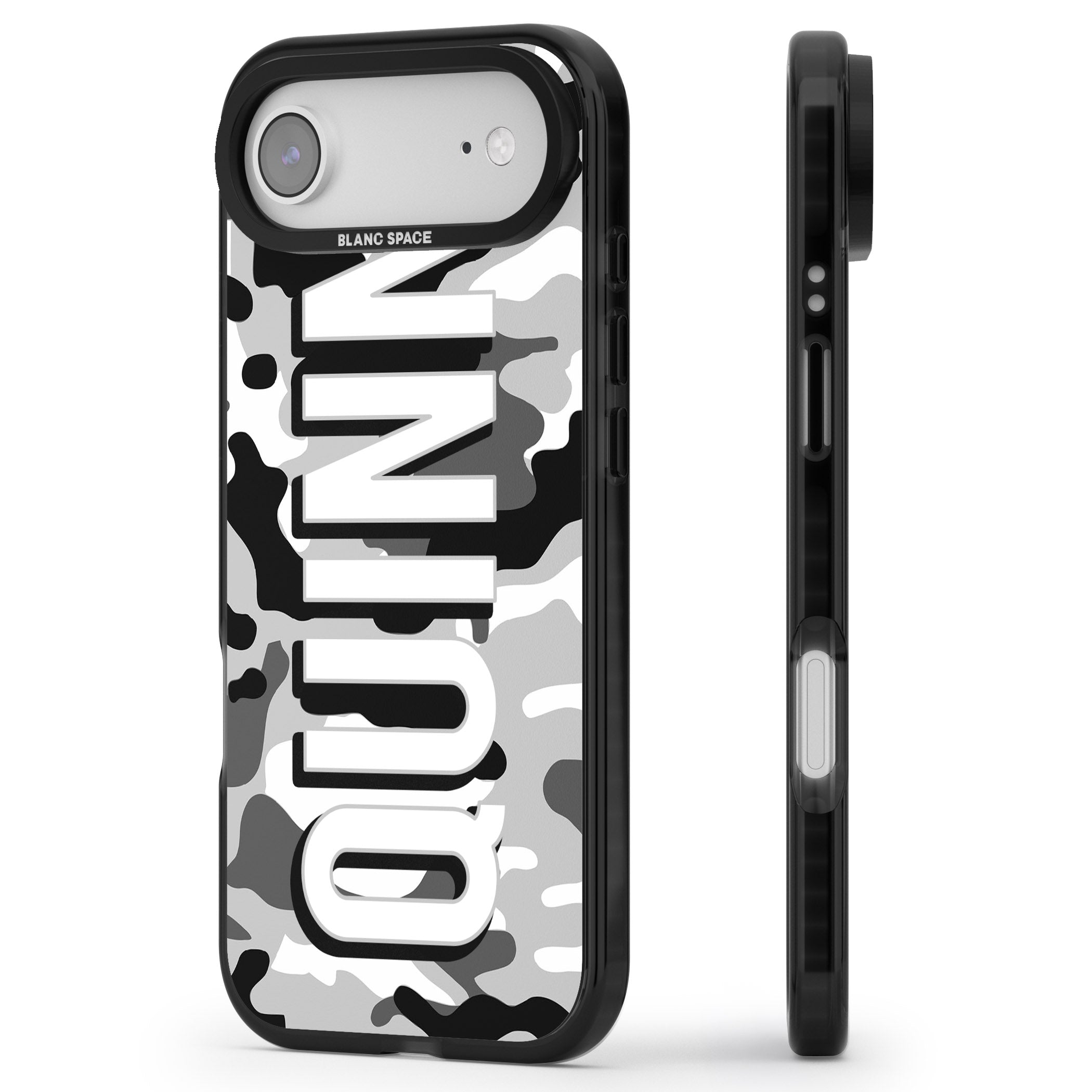 Personalised Greyscale Camo iPhone 17 Air Impact Pro Black Phone Case Side Profile