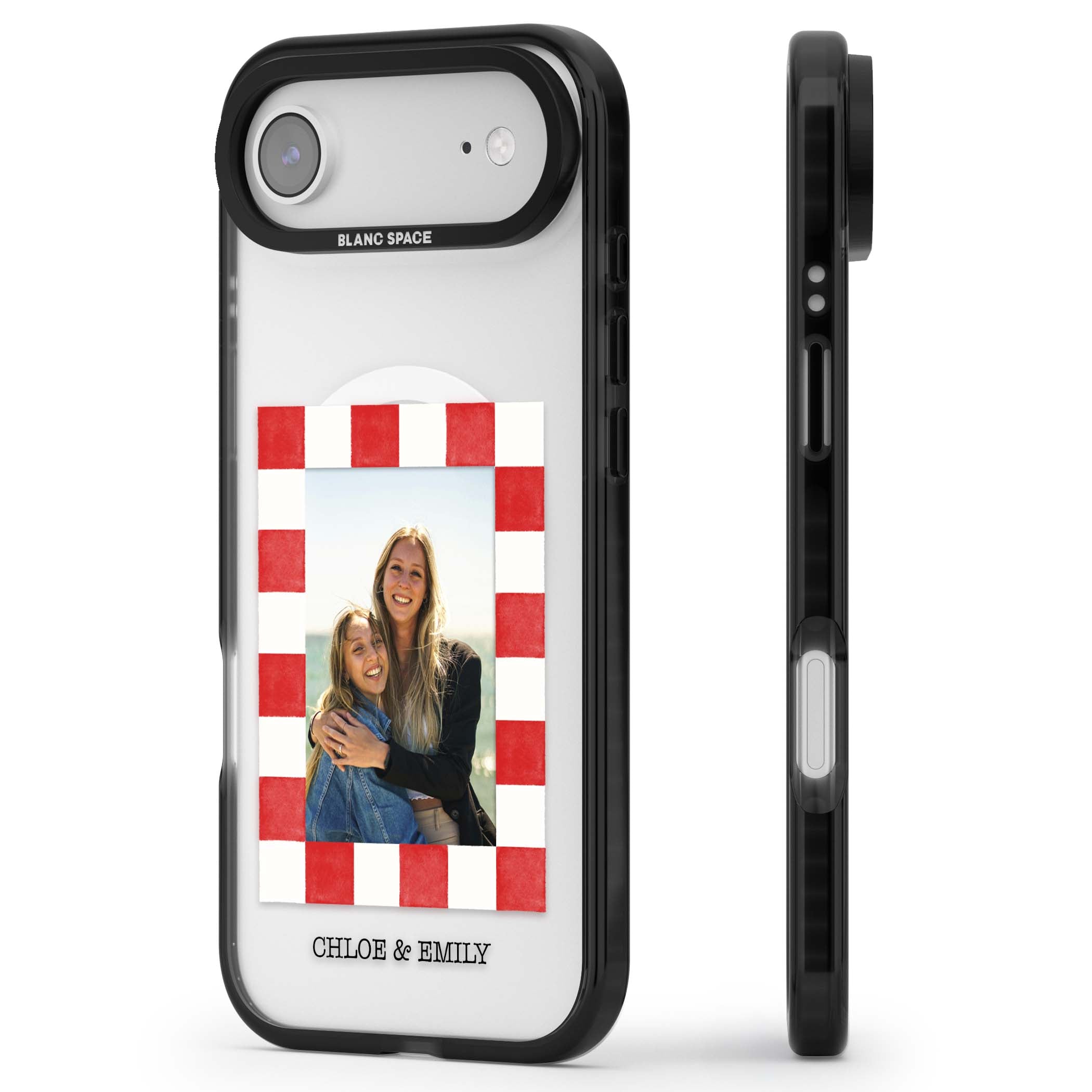 Red Check Photo personalised photo iPhone case with red and white checkered polaroid frame and custom couple name | Black Impact Magsafe case for iPhone Air