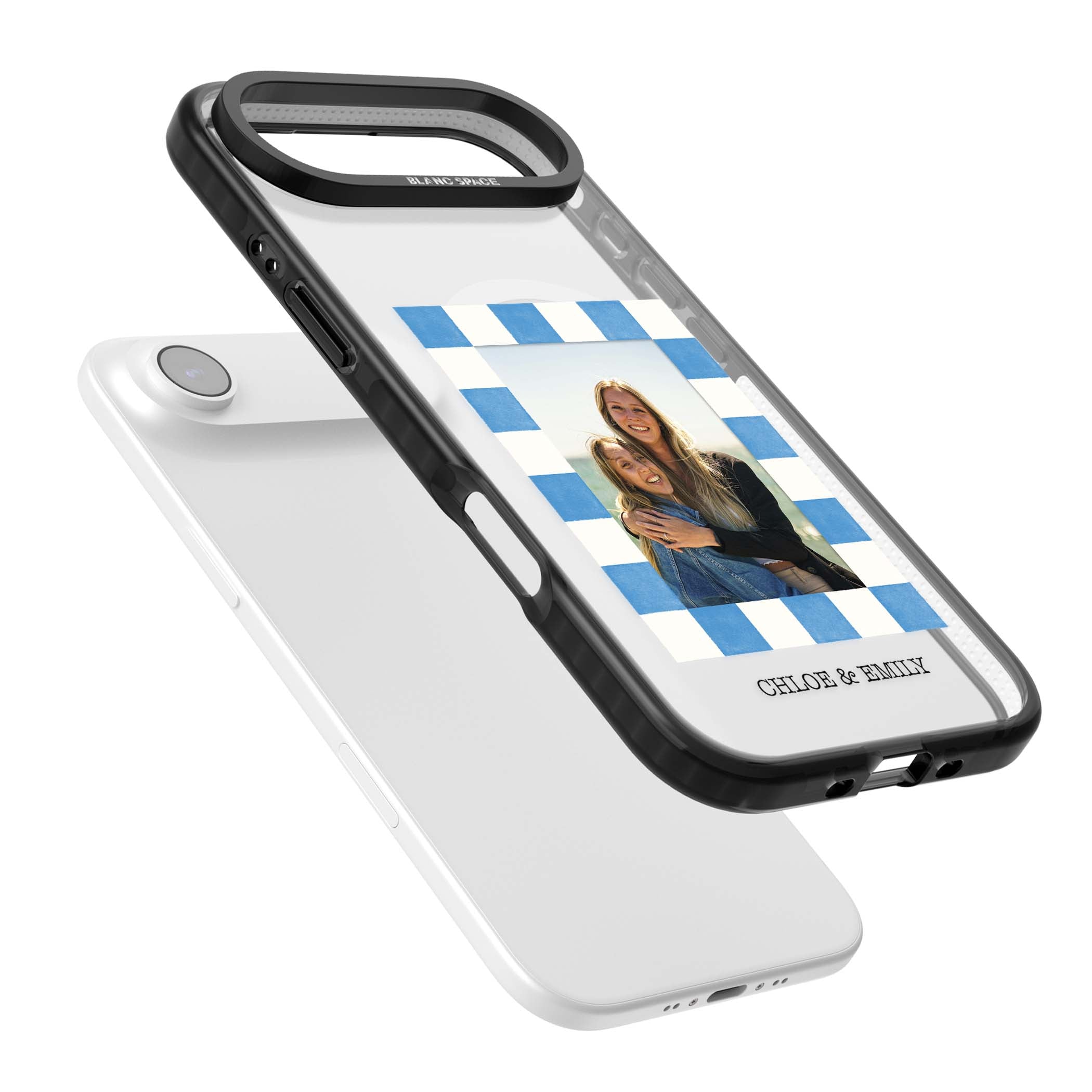 Blue Check Photo personalised photo iPhone case with blue checkered frame and custom couple names | Black Impact Magsafe case for iPhone Air
