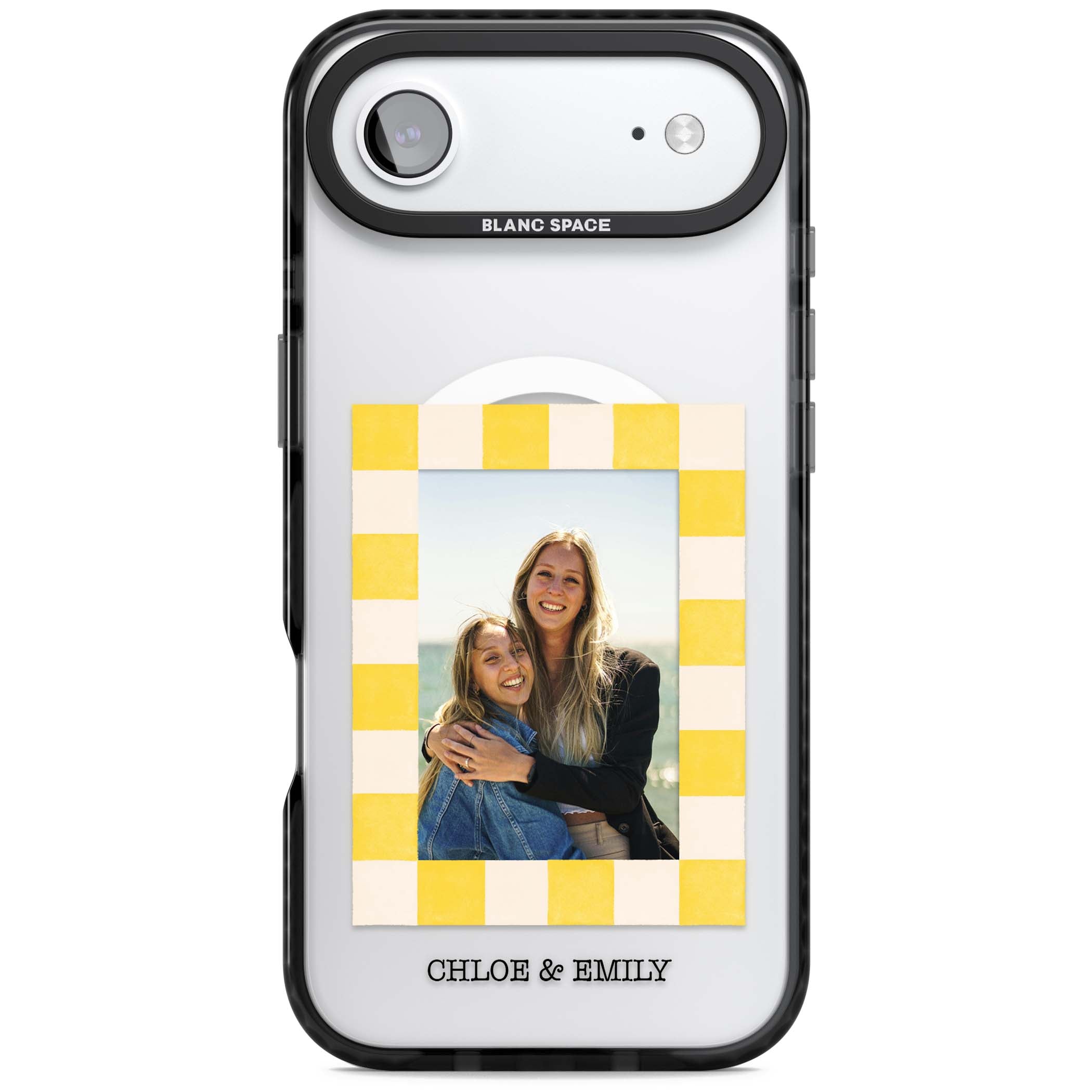 Yellow Check Photo personalised iPhone case with yellow checkered Polaroid frame and custom names beneath | Black Impact Magsafe case for iPhone Air