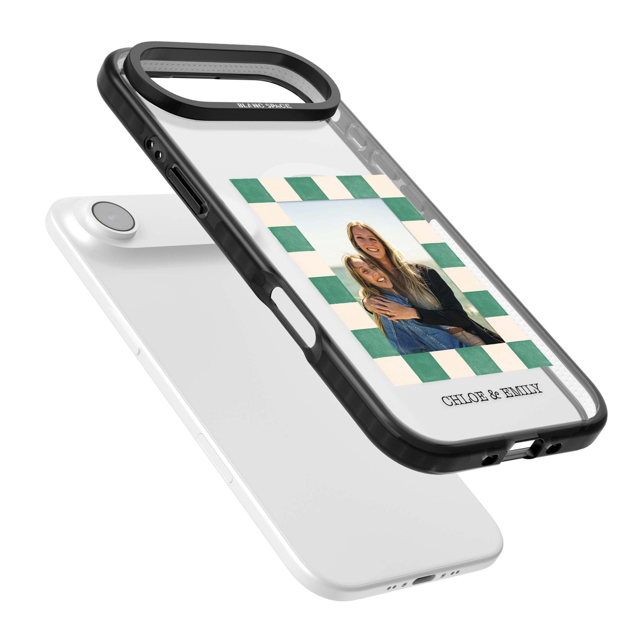 Seafoam Check Photo personalised iPhone case featuring a custom polaroid photo, green and cream checkered frame, and custom n | Black Impact Magsafe case for iPhone Air