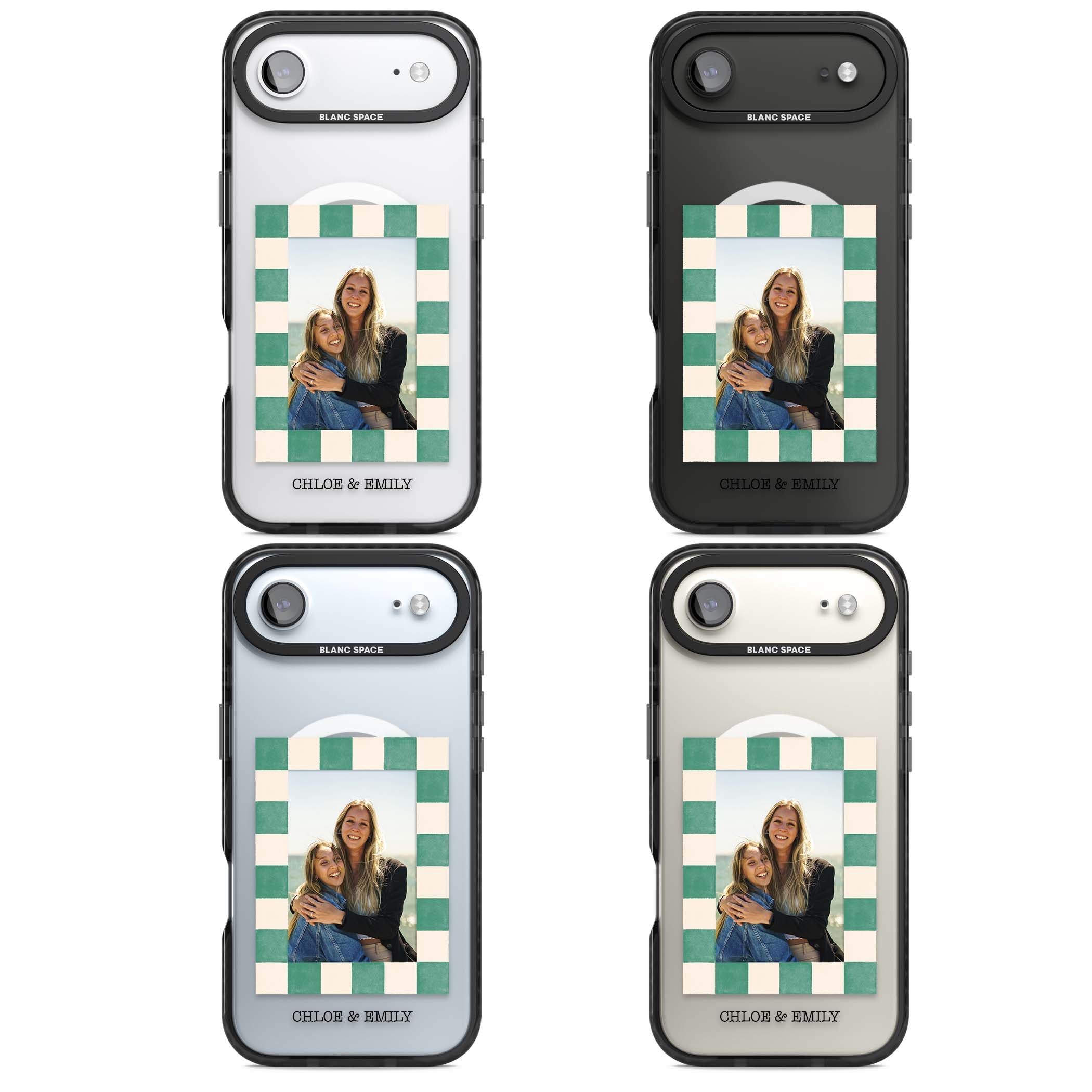 Seafoam Check Photo personalised iPhone case featuring a custom polaroid photo, green and cream checkered frame, and custom n | Black Impact Magsafe case for iPhone Air