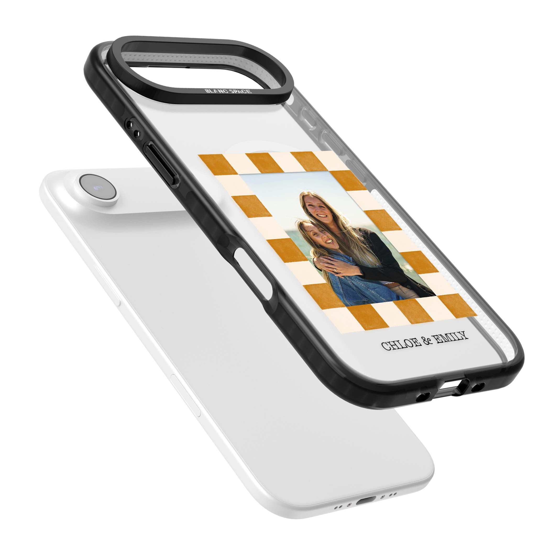 Citrus Check Photo personalised iPhone case with custom photo, orange checkered frame and names underneath | Black Impact Magsafe case for iPhone Air