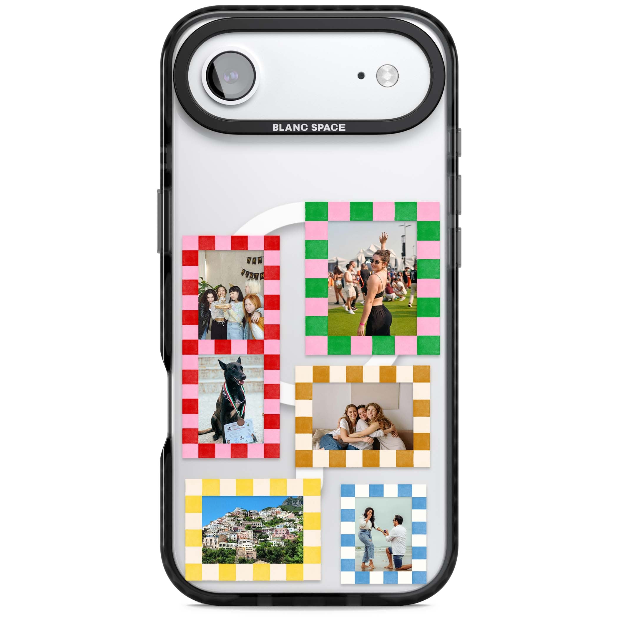 Italian Check Frames custom photo collage iPhone case featuring six checkered photo frames in red, green, pink and  | Black Impact Magsafe case for iPhone Air