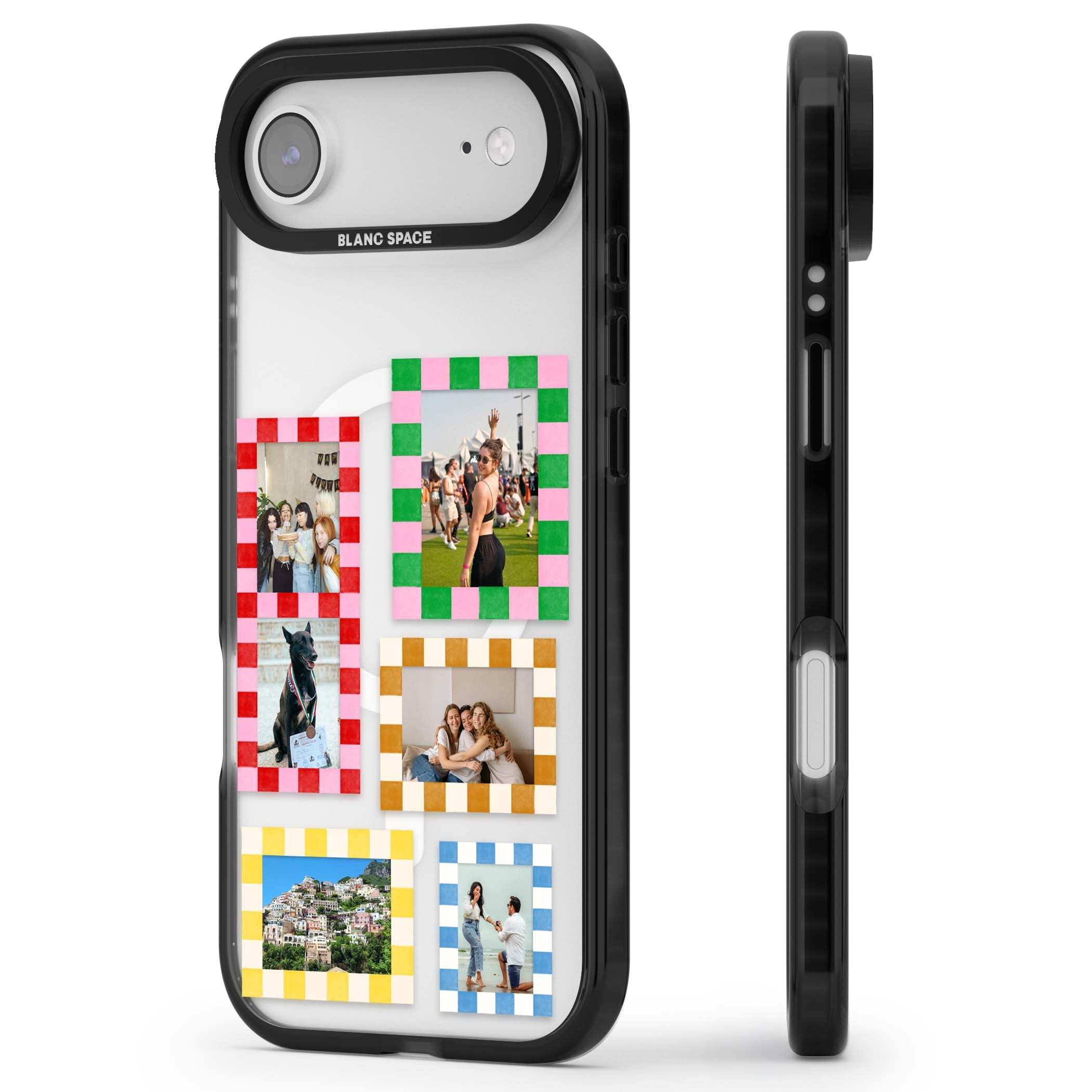 Italian Check Frames custom photo collage iPhone case featuring six checkered photo frames in red, green, pink and  | Black Impact Magsafe case for iPhone Air