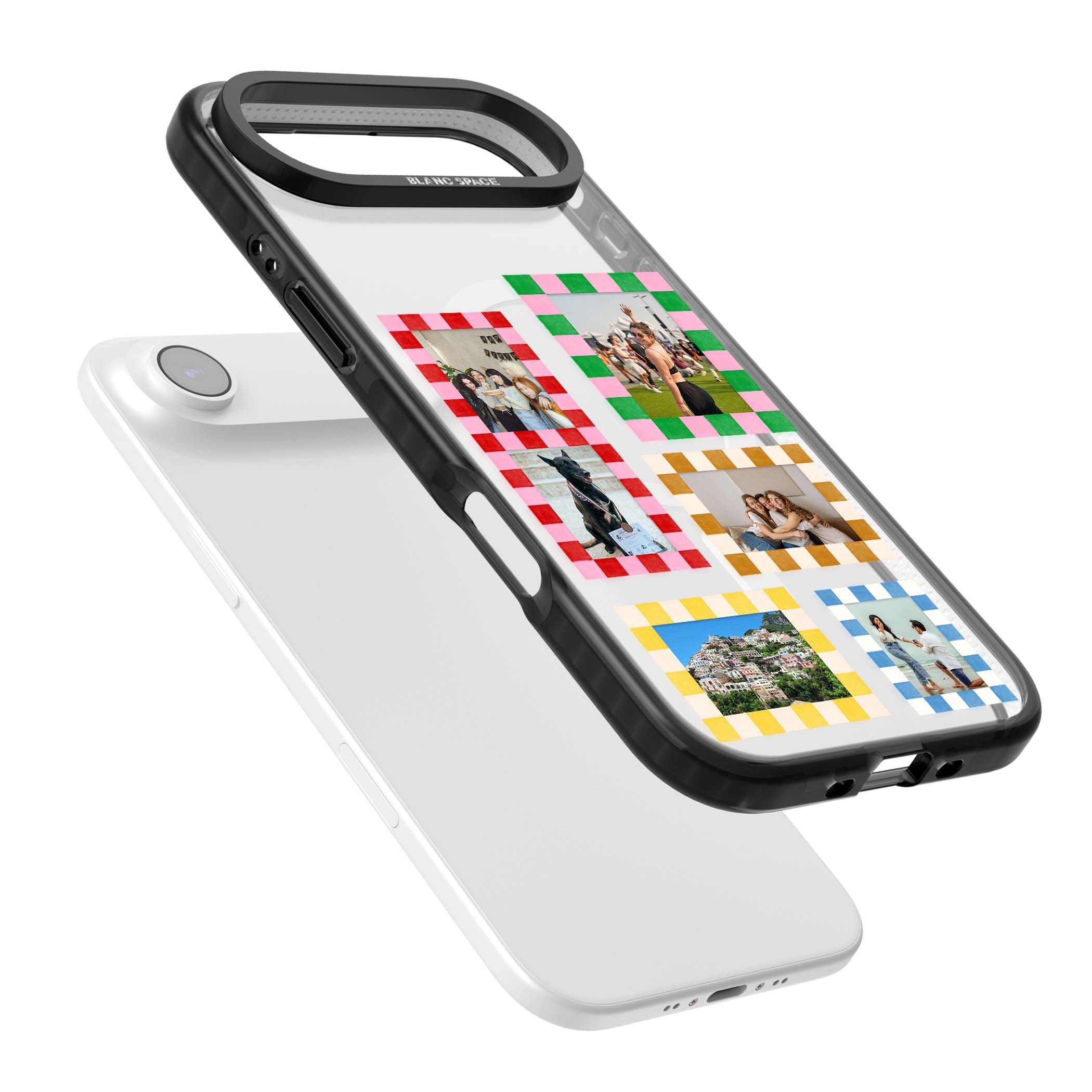 Italian Check Frames custom photo collage iPhone case featuring six checkered photo frames in red, green, pink and  | Black Impact Magsafe case for iPhone Air