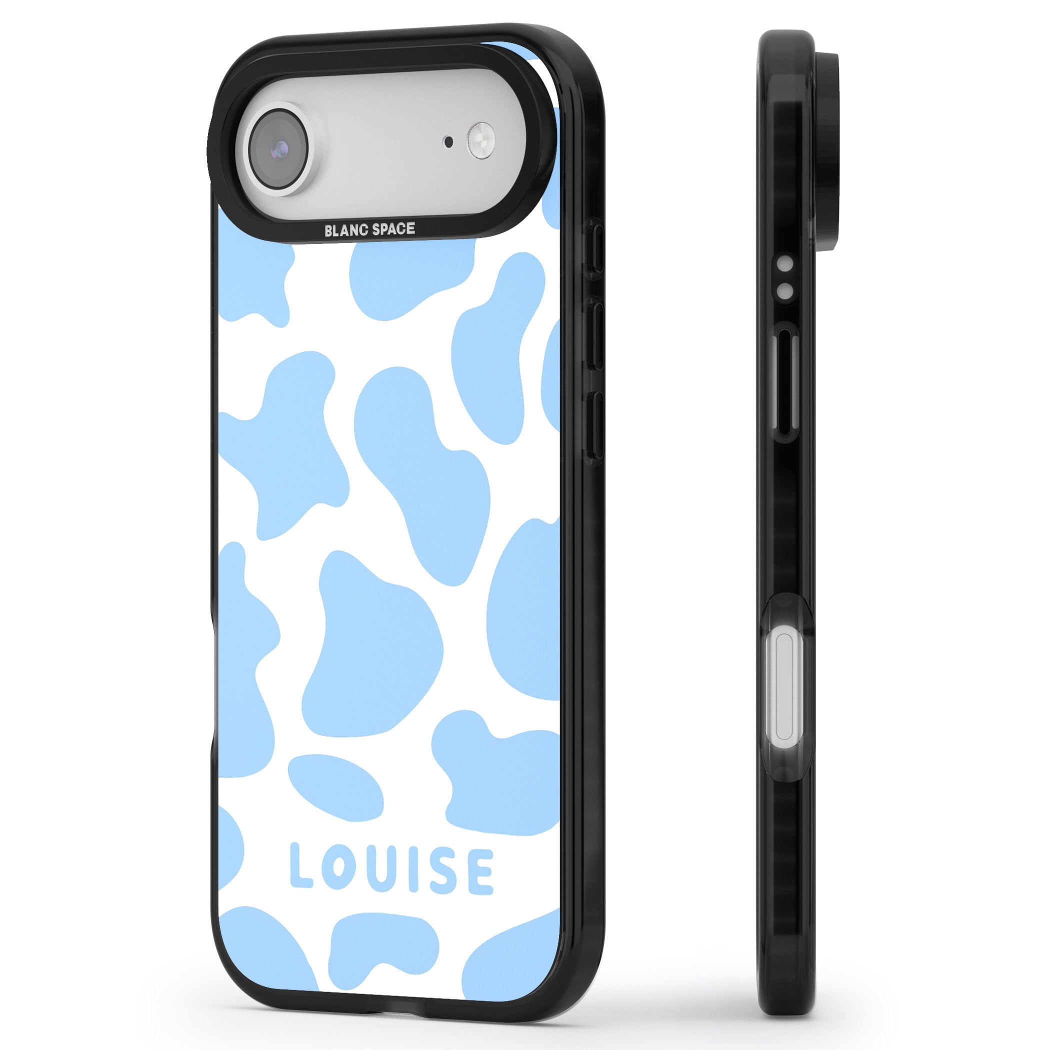 Personalised Blue And White Cow Print iPhone 17 Air Impact Pro Black Phone Case Side Profile