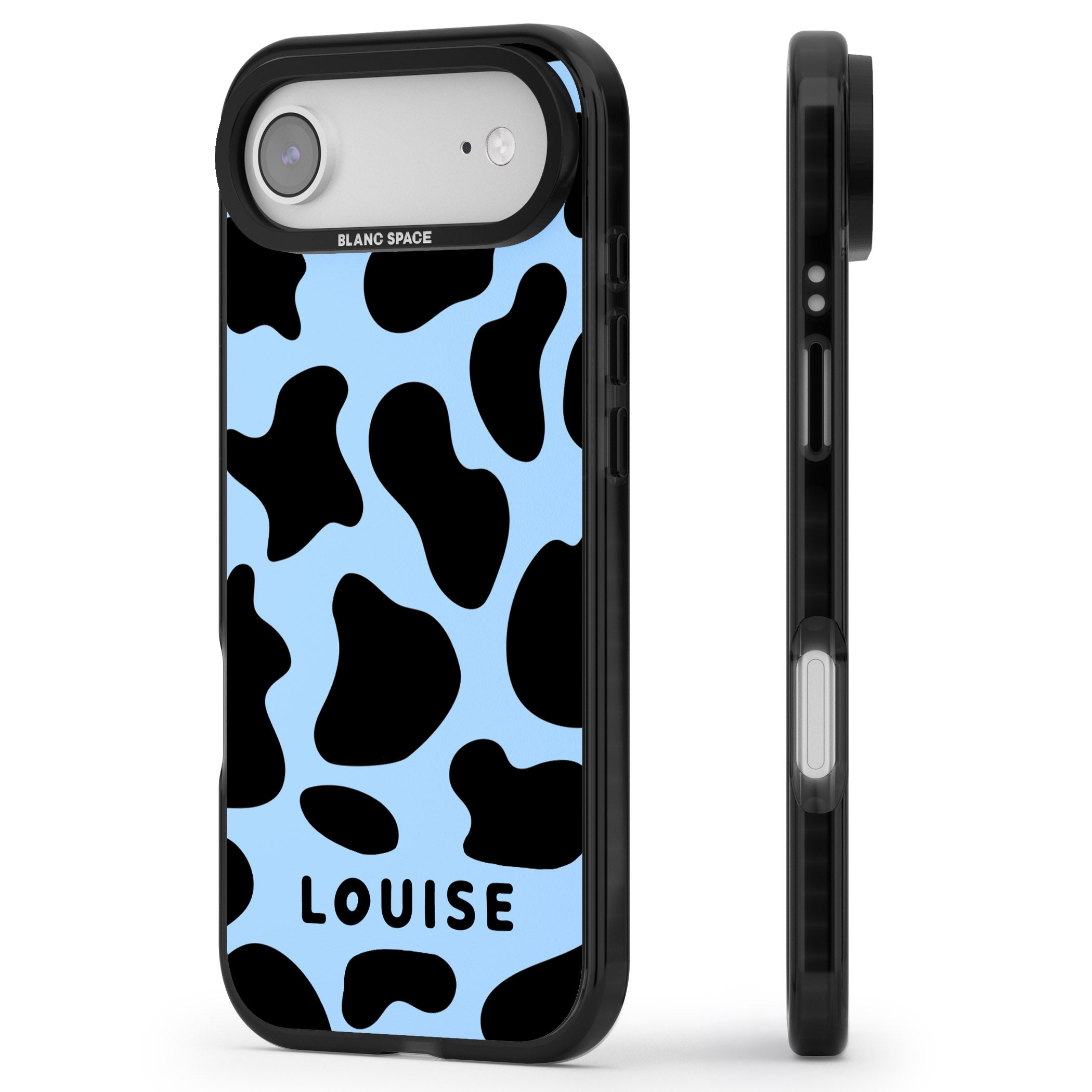 Personalised Blue And Black Cow Print iPhone 17 Air Impact Pro Black Phone Case Side Profile
