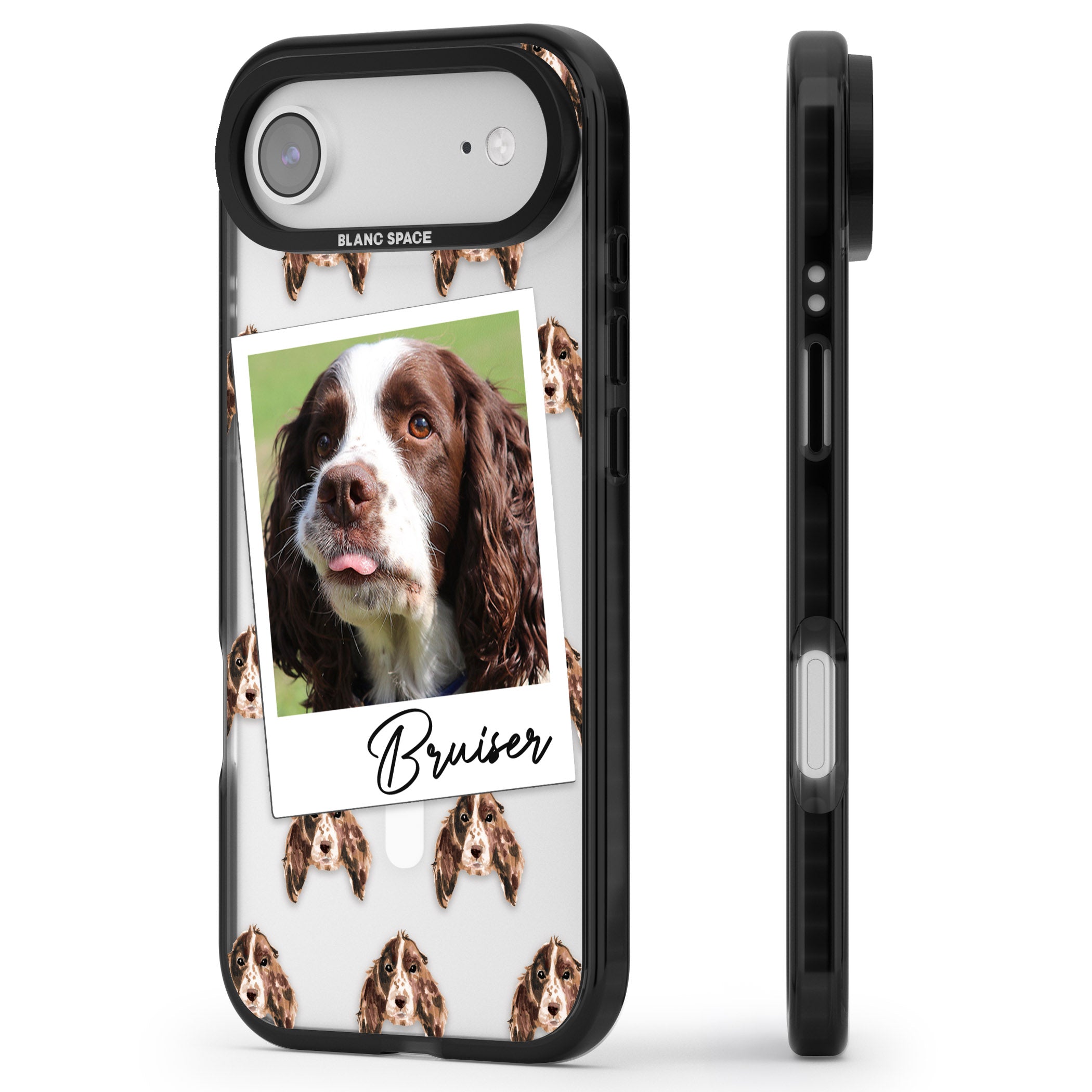 Personalised Springer Spaniel Instant Camera Photo iPhone 17 Air Impact Pro Black Phone Case Side Profile