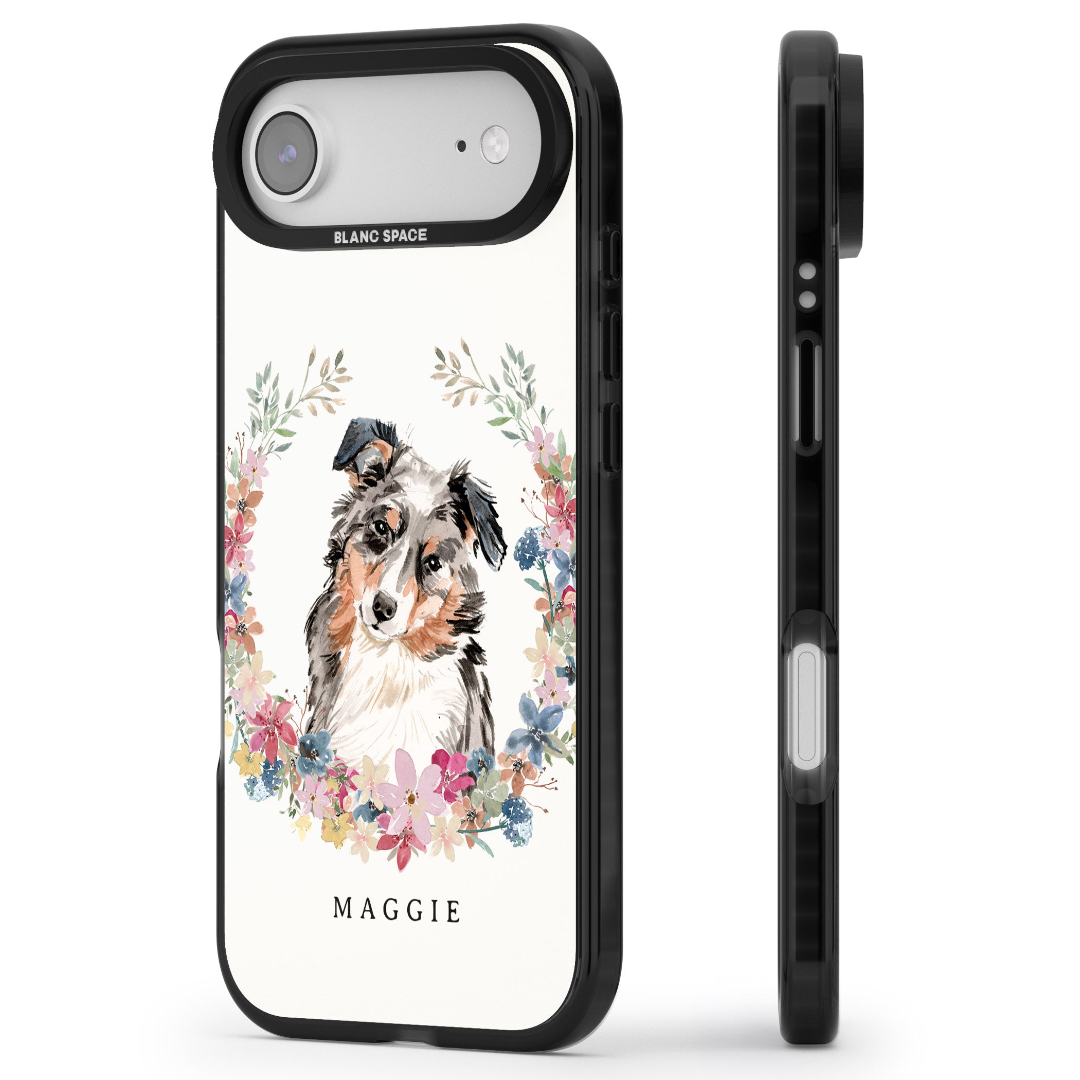 Personalised Australian Shepherd Floral Portrait iPhone 17 Air Impact Pro Black Phone Case Side Profile