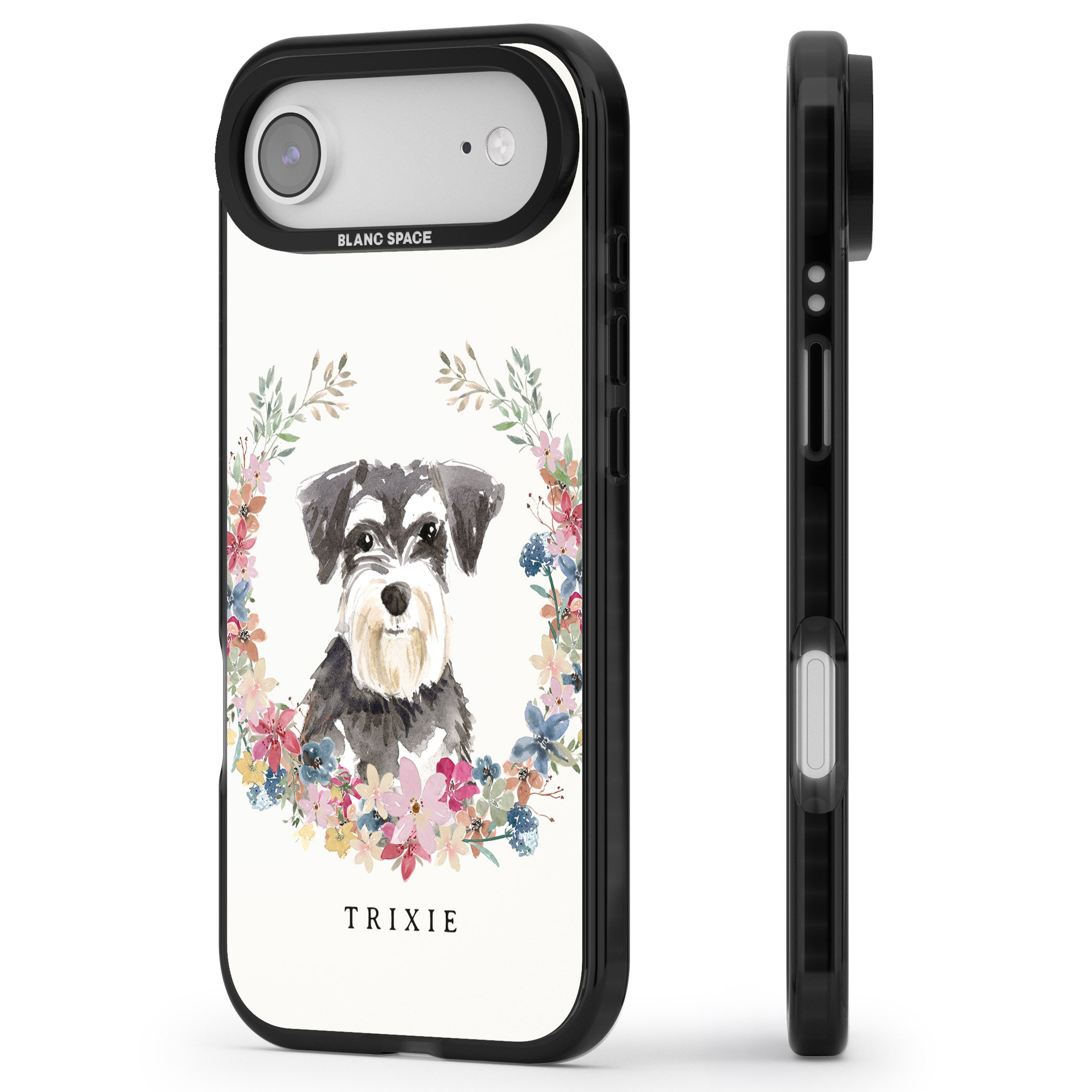 Personalised Watercolor Schnauzer Floral Portrait iPhone 17 Air Impact Pro Black Phone Case Side Profile