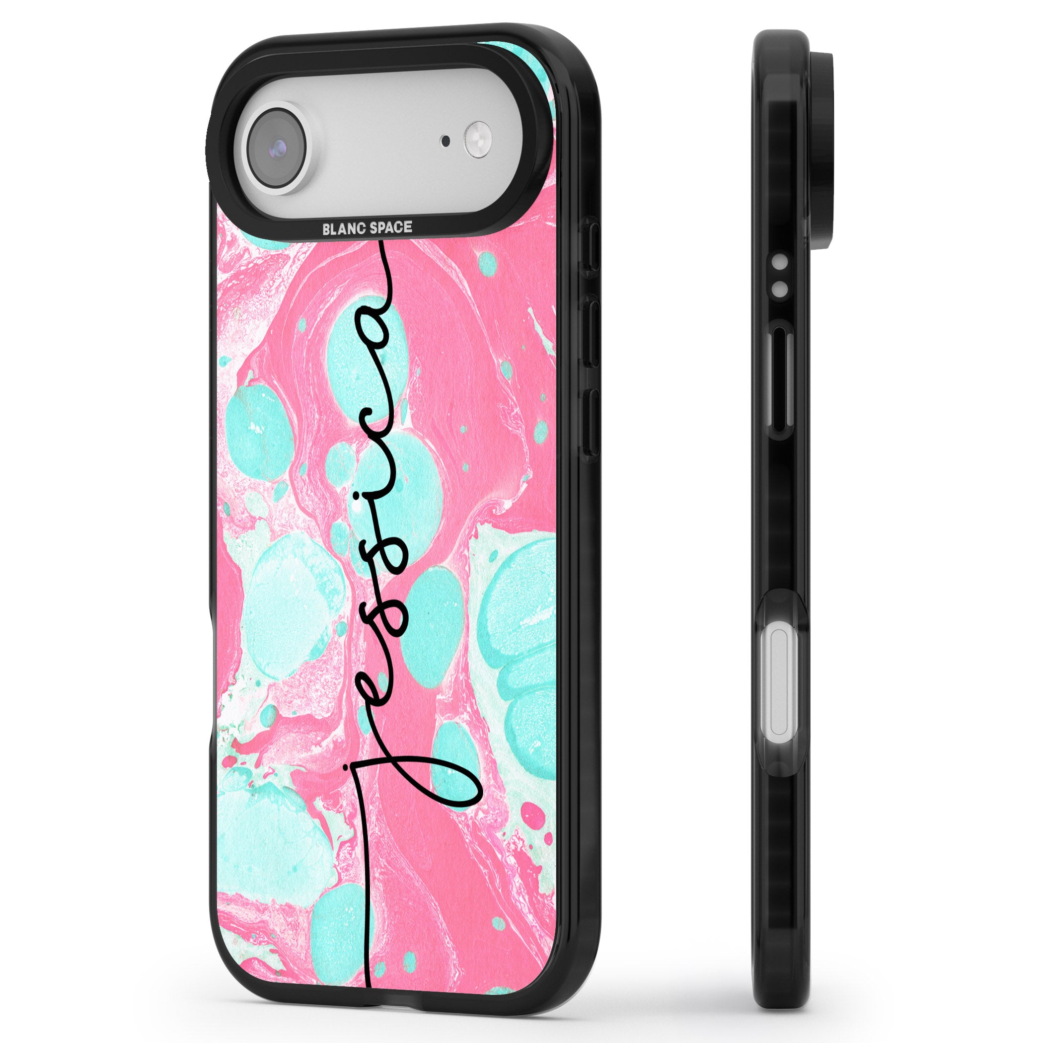 Personalised Turquoise & Pink Marbled iPhone 17 Air Impact Pro Black Phone Case Side Profile