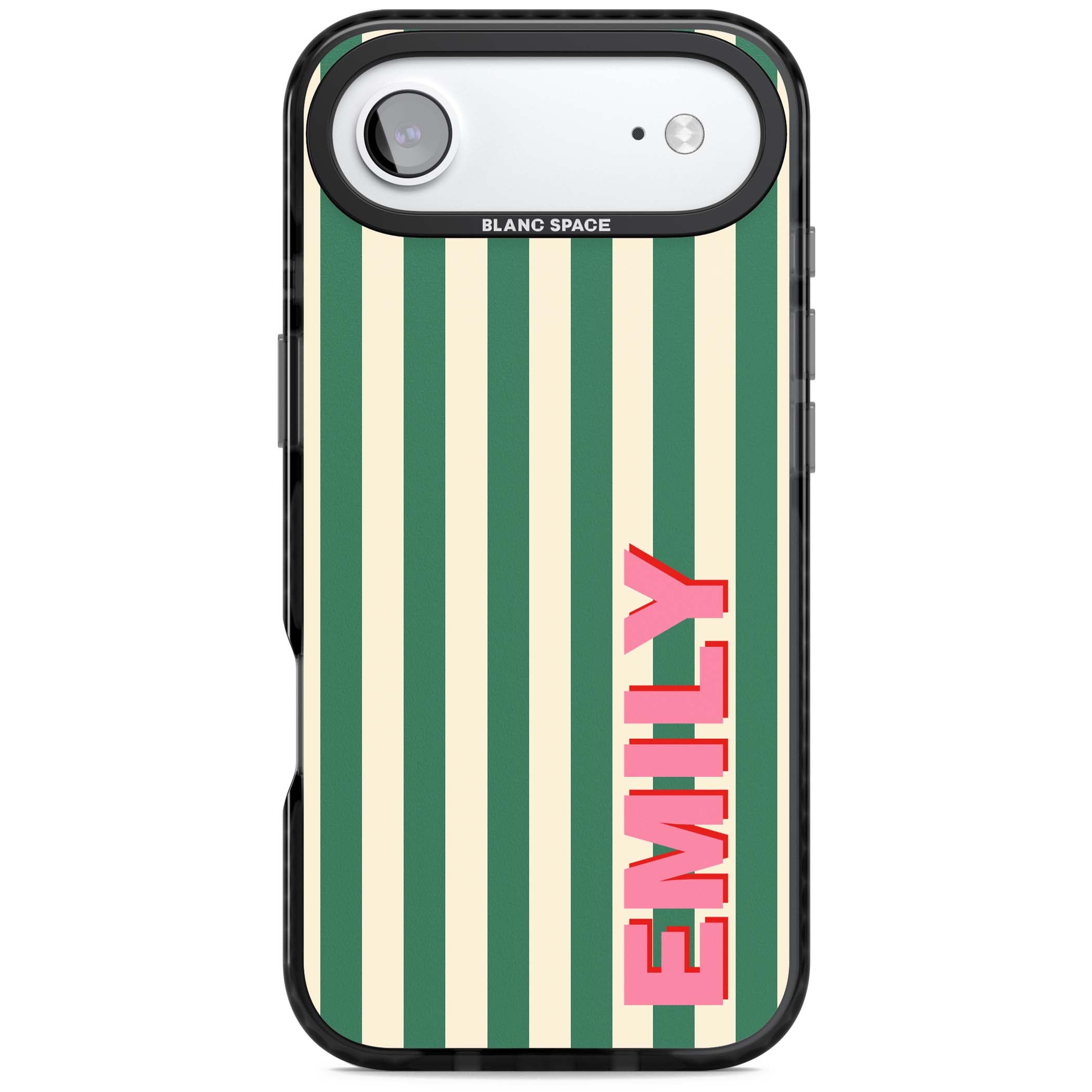 Wimbledon Stripe preppy iPhone case featuring green and cream vertical stripes with a personalised pink name | Black Impact Magsafe case for iPhone Air