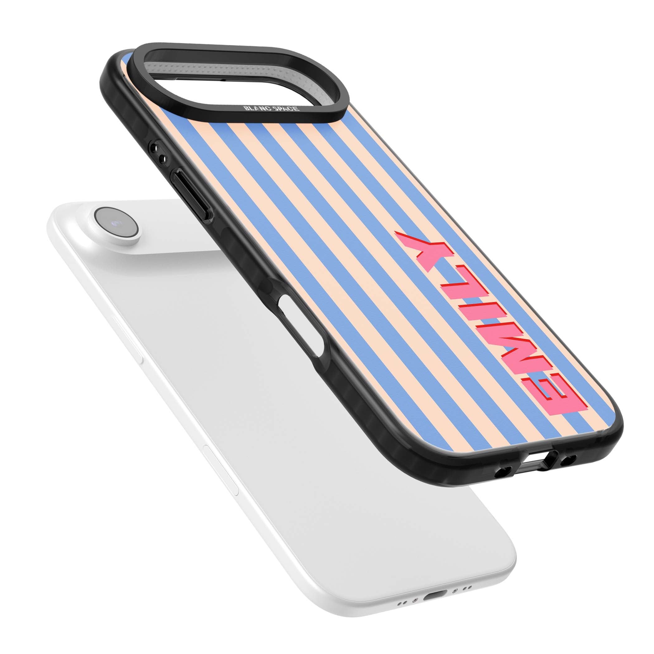 Coastal Stripe personalised coastal iPhone case with blue and peach vertical stripes and custom pink name | Black Impact Magsafe case for iPhone Air