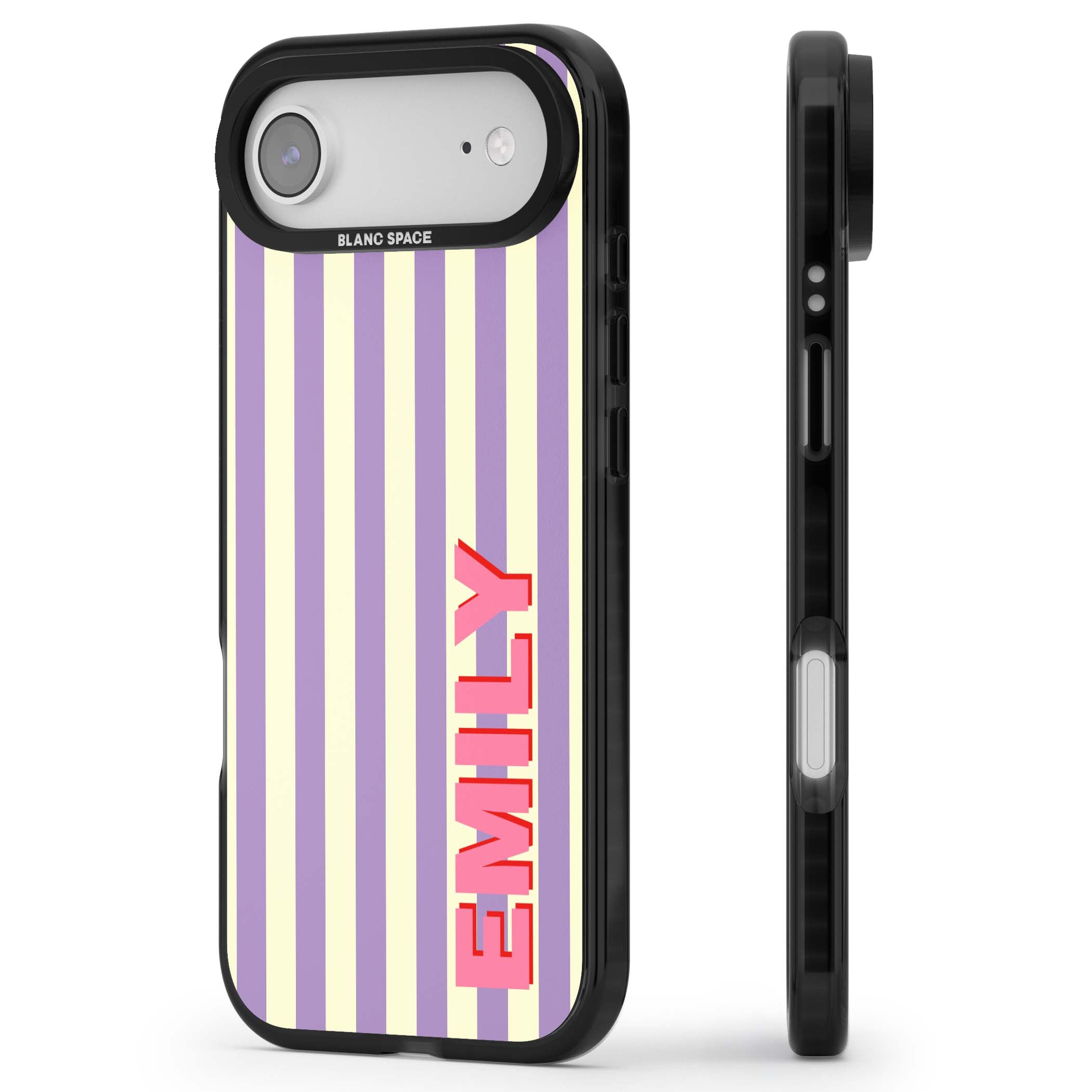 Valensole Stripe personalised iPhone case with purple and cream vertical stripes and pink custom name | Black Impact Magsafe case for iPhone Air