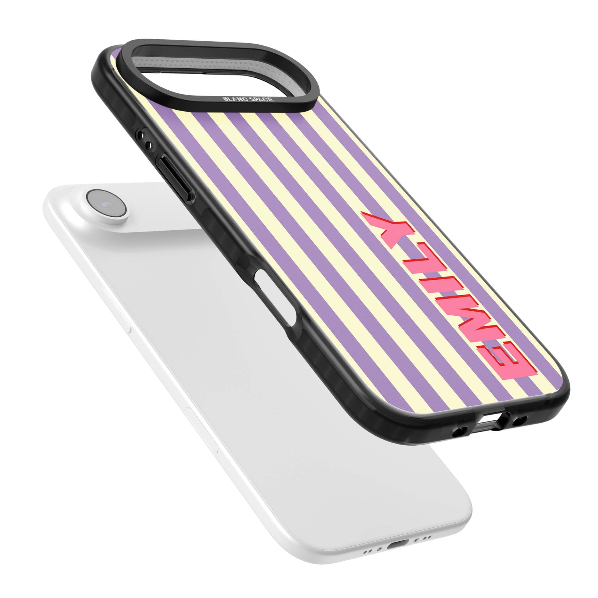 Valensole Stripe personalised iPhone case with purple and cream vertical stripes and pink custom name | Black Impact Magsafe case for iPhone Air