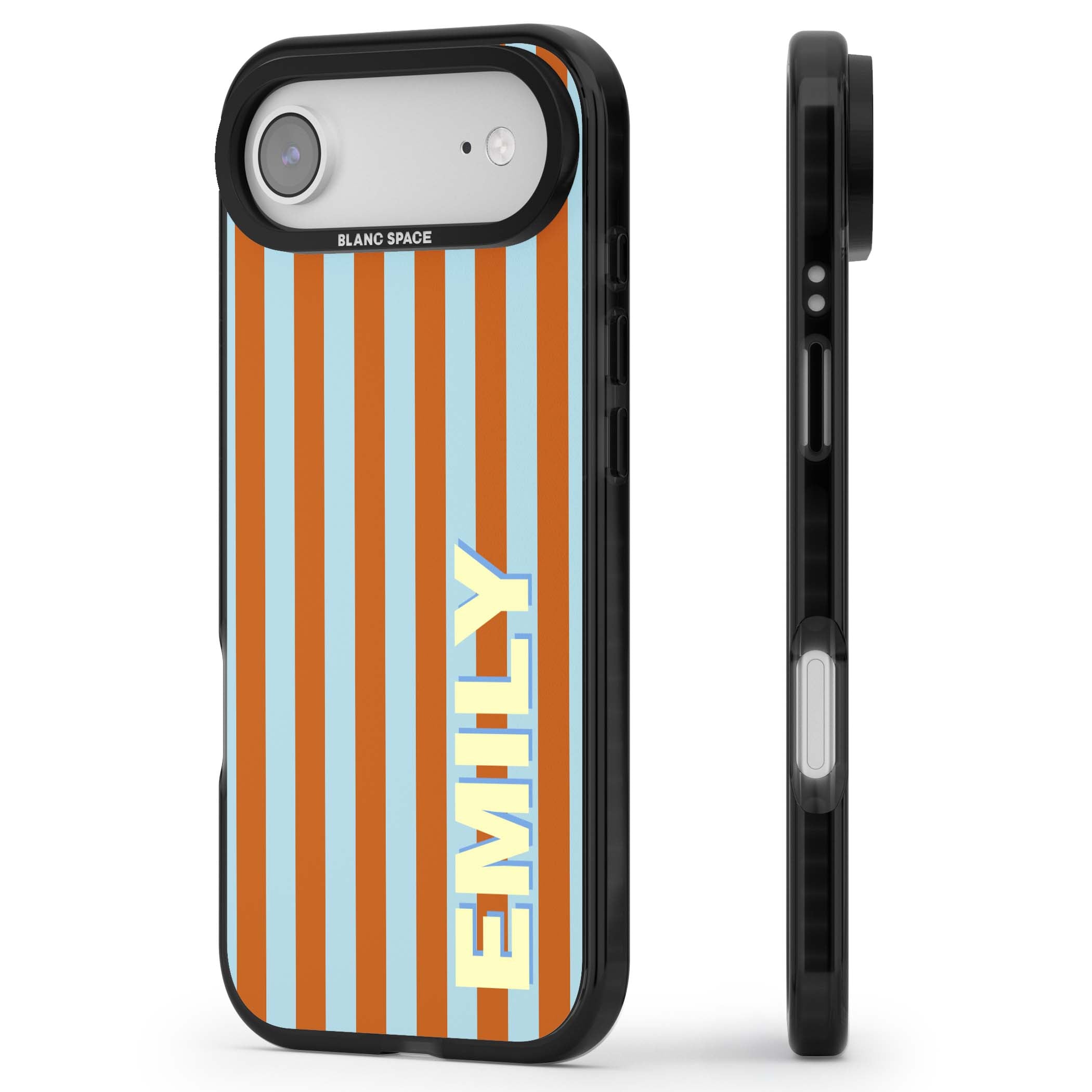 Cappadocia Stripe personalised coastal iPhone case featuring blue and orange vertical stripes with custom cream name | Black Impact Magsafe case for iPhone Air