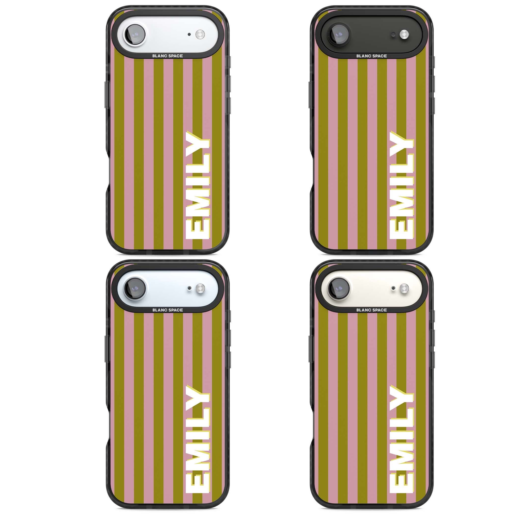 Istanbul Stripe personalised iPhone case featuring pink and olive green vertical stripes with a custom vertical name | Black Impact Magsafe case for iPhone Air