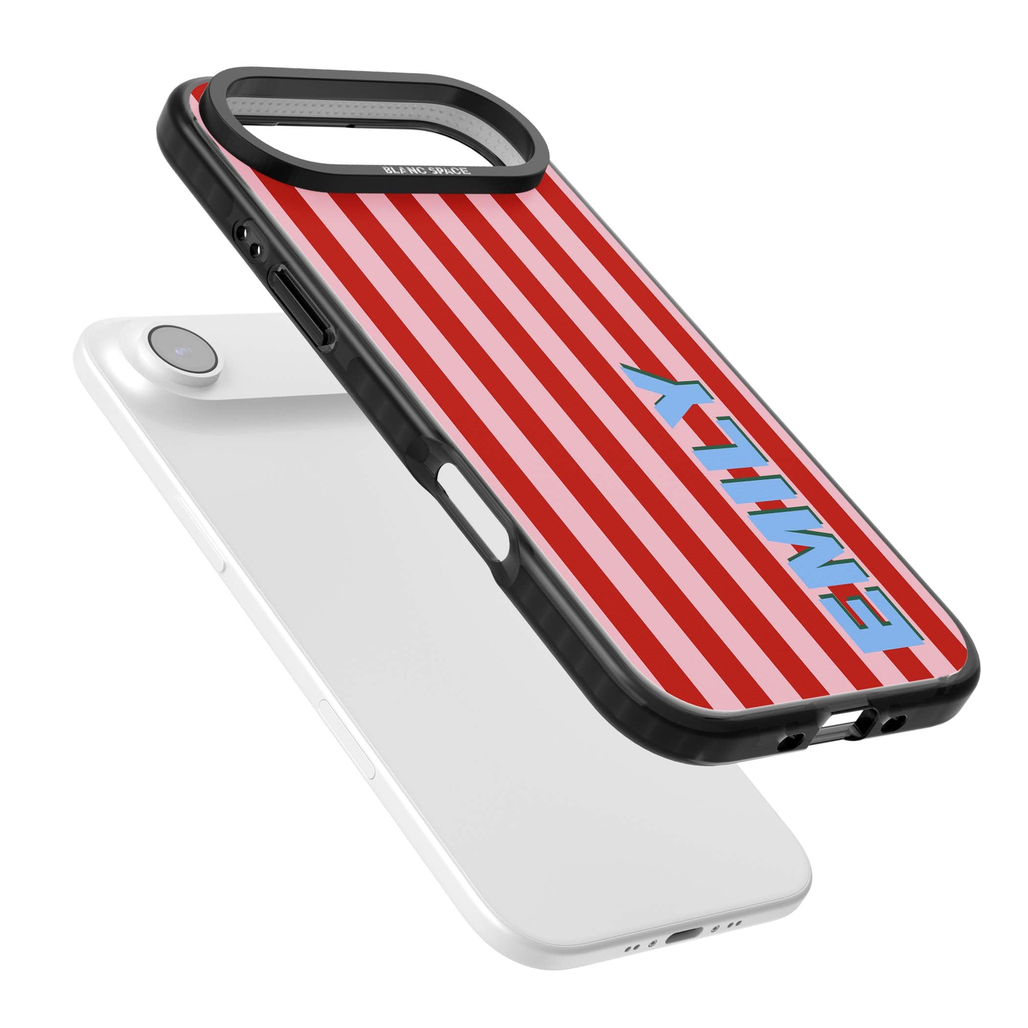 Market Stripe personalised iPhone case with red and pink vertical stripes and custom blue name | Black Impact Magsafe case for iPhone Air