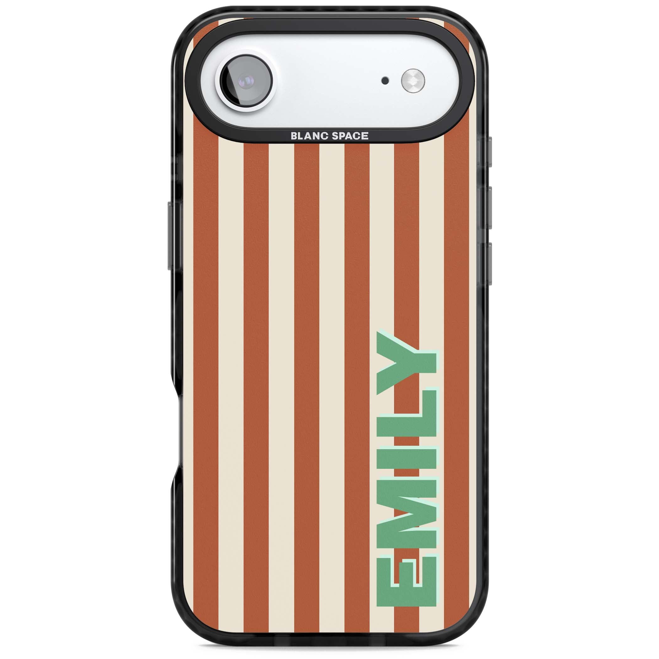 Dune Stripe personalised iPhone case with rust and cream vertical stripes and custom name in mint green | Black Impact Magsafe case for iPhone Air