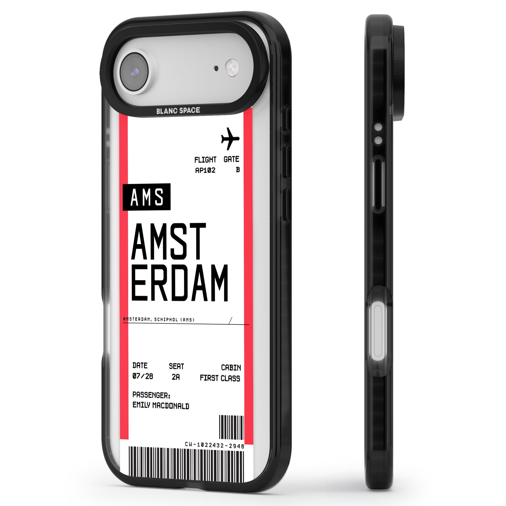 Personalised Amsterdam Boarding Pass iPhone 17 Air Impact Pro Black Phone Case Side Profile