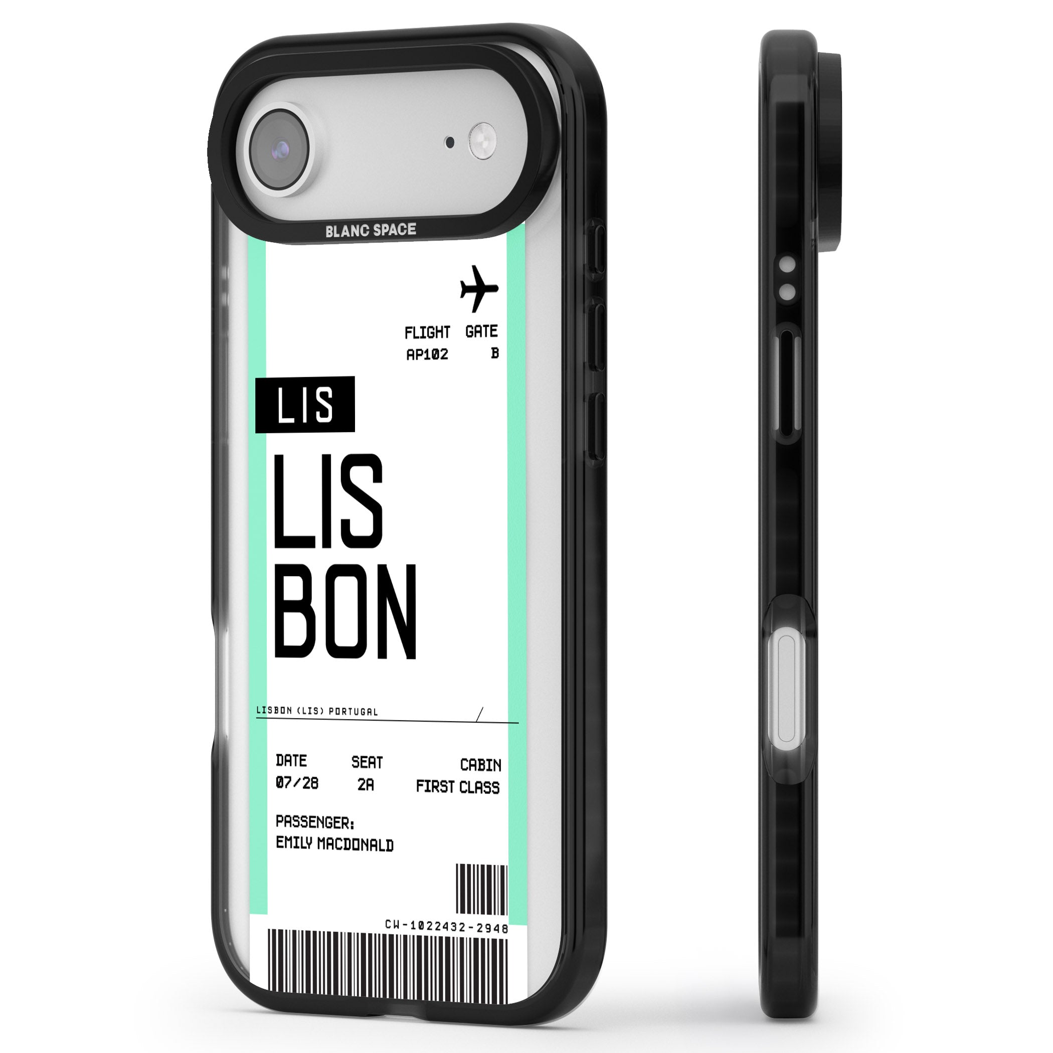 Personalised Lisbon Boarding Pass iPhone 17 Air Impact Pro Black Phone Case Side Profile