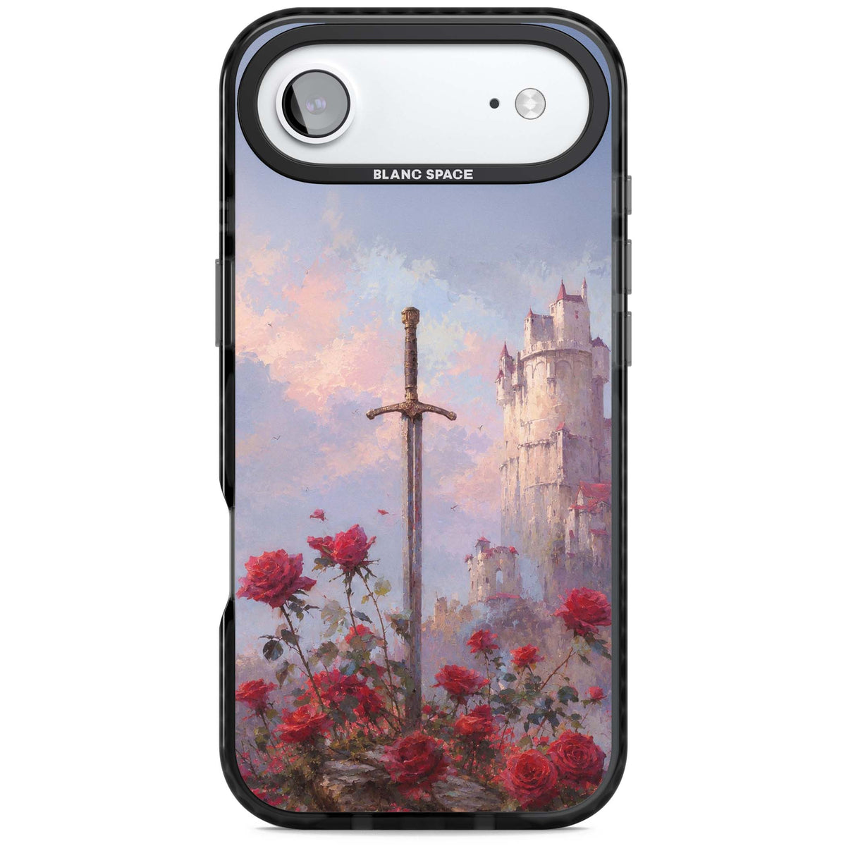 Sword in Roses medieval art iPhone case featuring a sword, red roses, and a misty fairytale castle at sunset | Black Impact Magsafe case for iPhone Air