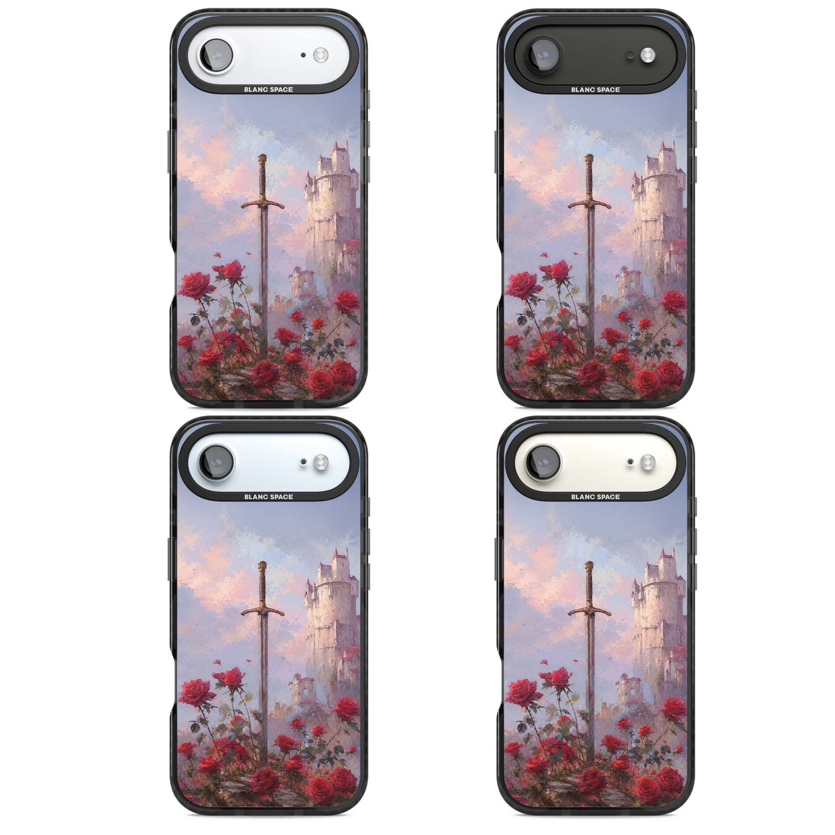 Sword in Roses medieval art iPhone case featuring a sword, red roses, and a misty fairytale castle at sunset | Black Impact Magsafe case for iPhone Air