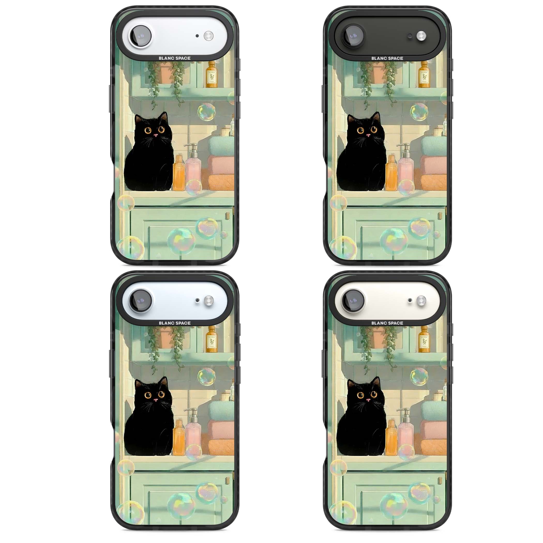 Bathroom Bubble Kitty cottagecore iPhone case featuring a black cat, mint bathroom scene and floating soap bubbles | Black Impact Magsafe case for iPhone Air