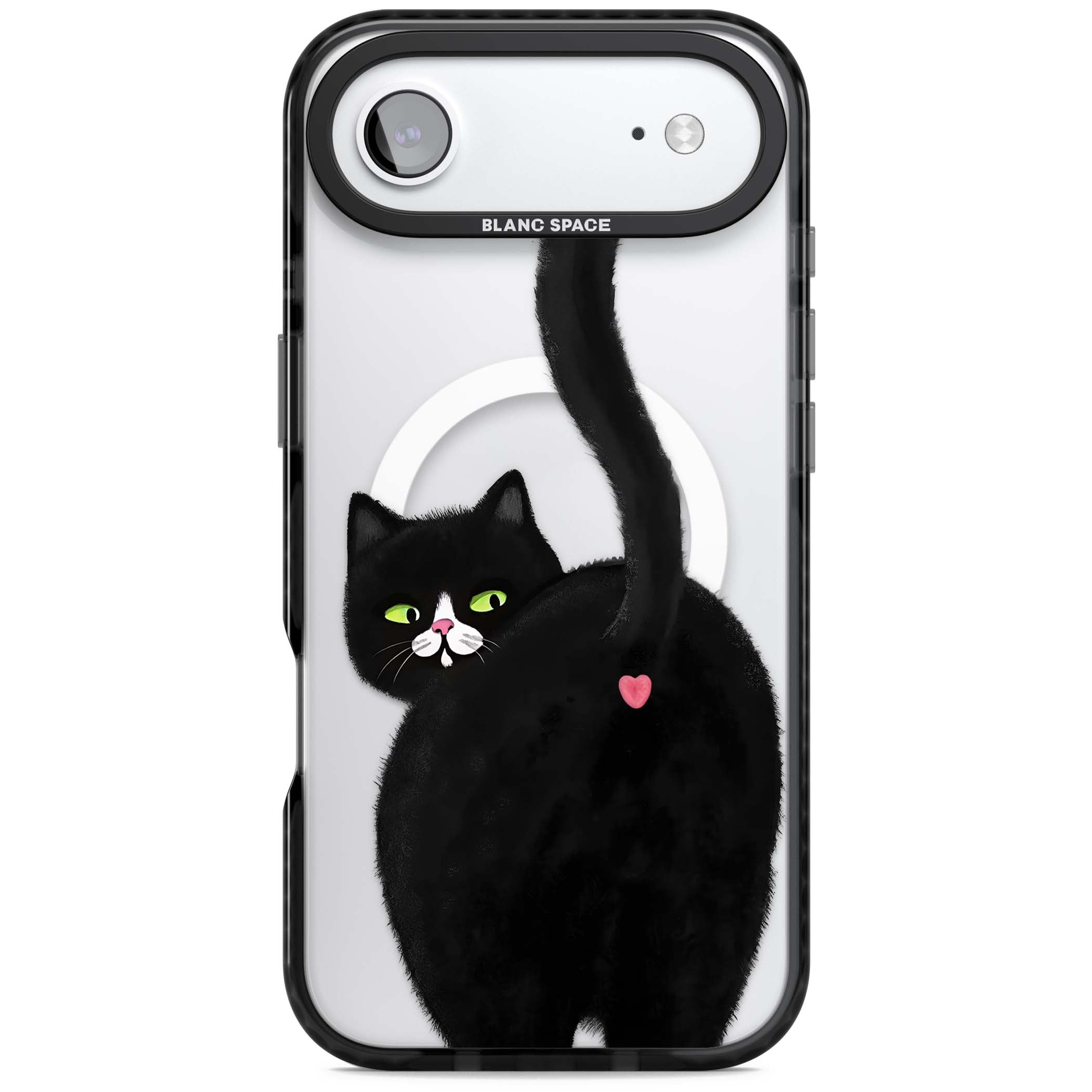 The Cat's Kiss cute cat iPhone case featuring a hand-painted tuxedo kitty with green eyes and a pink heart on a clear  | Black Impact Magsafe case for iPhone Air