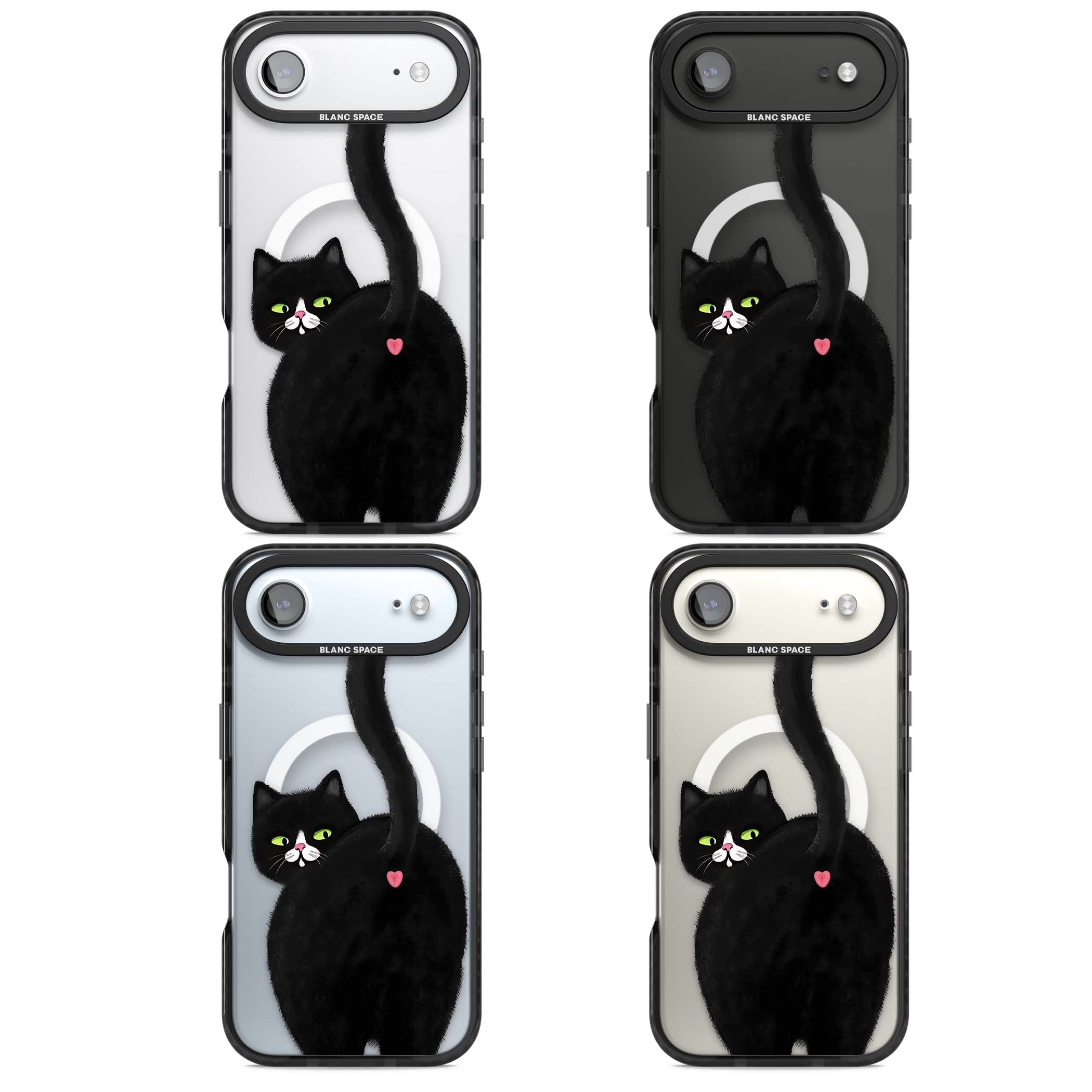 The Cat's Kiss cute cat iPhone case featuring a hand-painted tuxedo kitty with green eyes and a pink heart on a clear  | Black Impact Magsafe case for iPhone Air