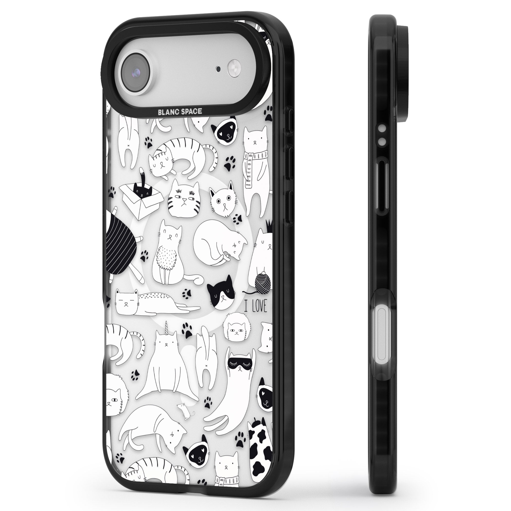 Cartoon Cat Collage Black & White iPhone 17 Air Impact Pro Black Phone Case Side Profile