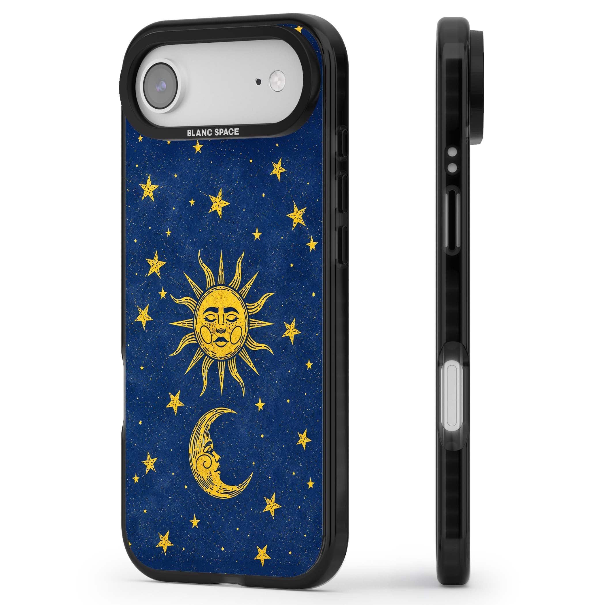 Sun & Moon Reverie celestial iPhone case featuring a vintage golden sun, crescent moon and scattered stars on midnight blue | Black Impact Magsafe case for iPhone Air