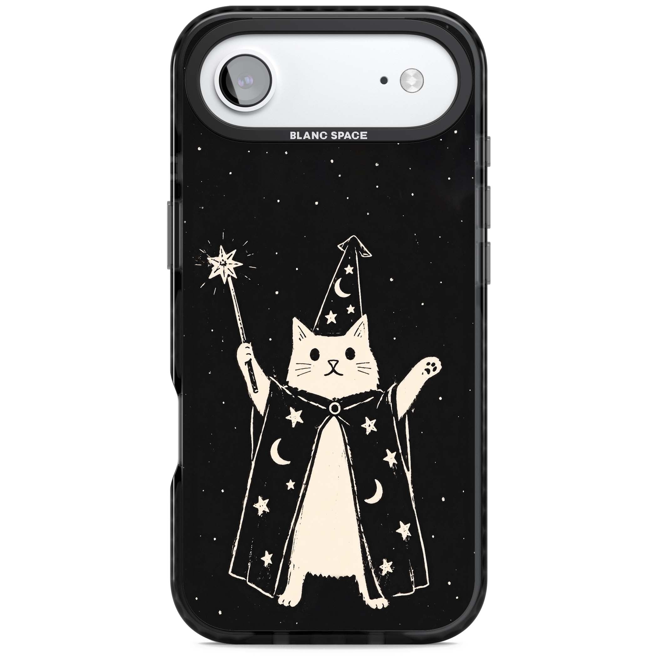 Whisker Wizard celestial cat iPhone case featuring a wizard cat with magic wand, starry night sky and crescent moons | Black Impact Magsafe case for iPhone Air