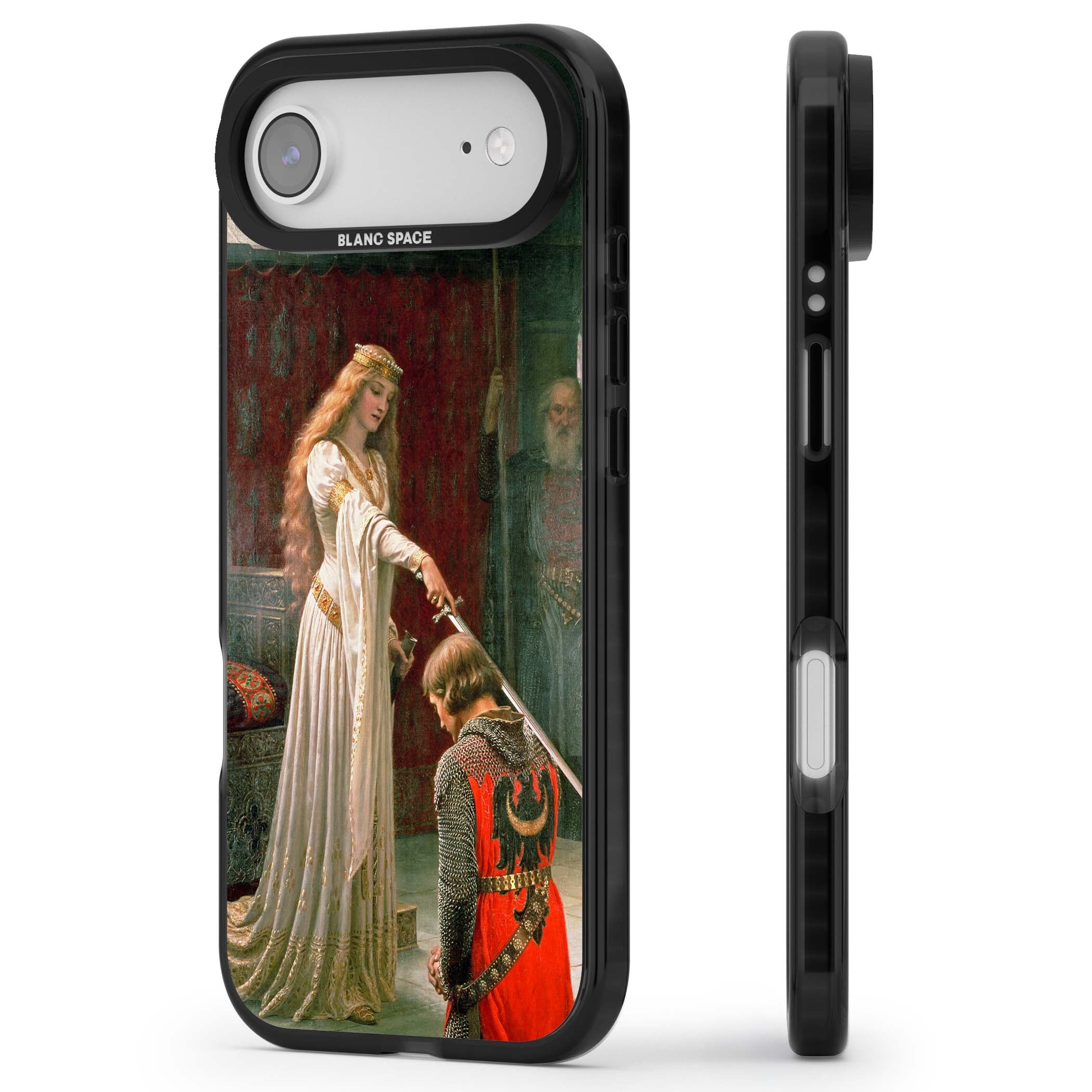 The Accolade renaissance art iPhone case featuring Edmund Blair Leighton's painting of a queen knighting a kneeling knight | Black Impact Magsafe case for iPhone Air