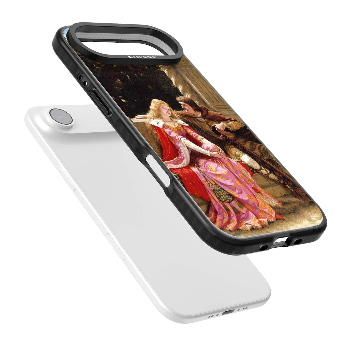 The End of the Song classic art iPhone case featuring a medieval lady in pink gown and her knight in a stone archway | Black Impact Magsafe case for iPhone Air